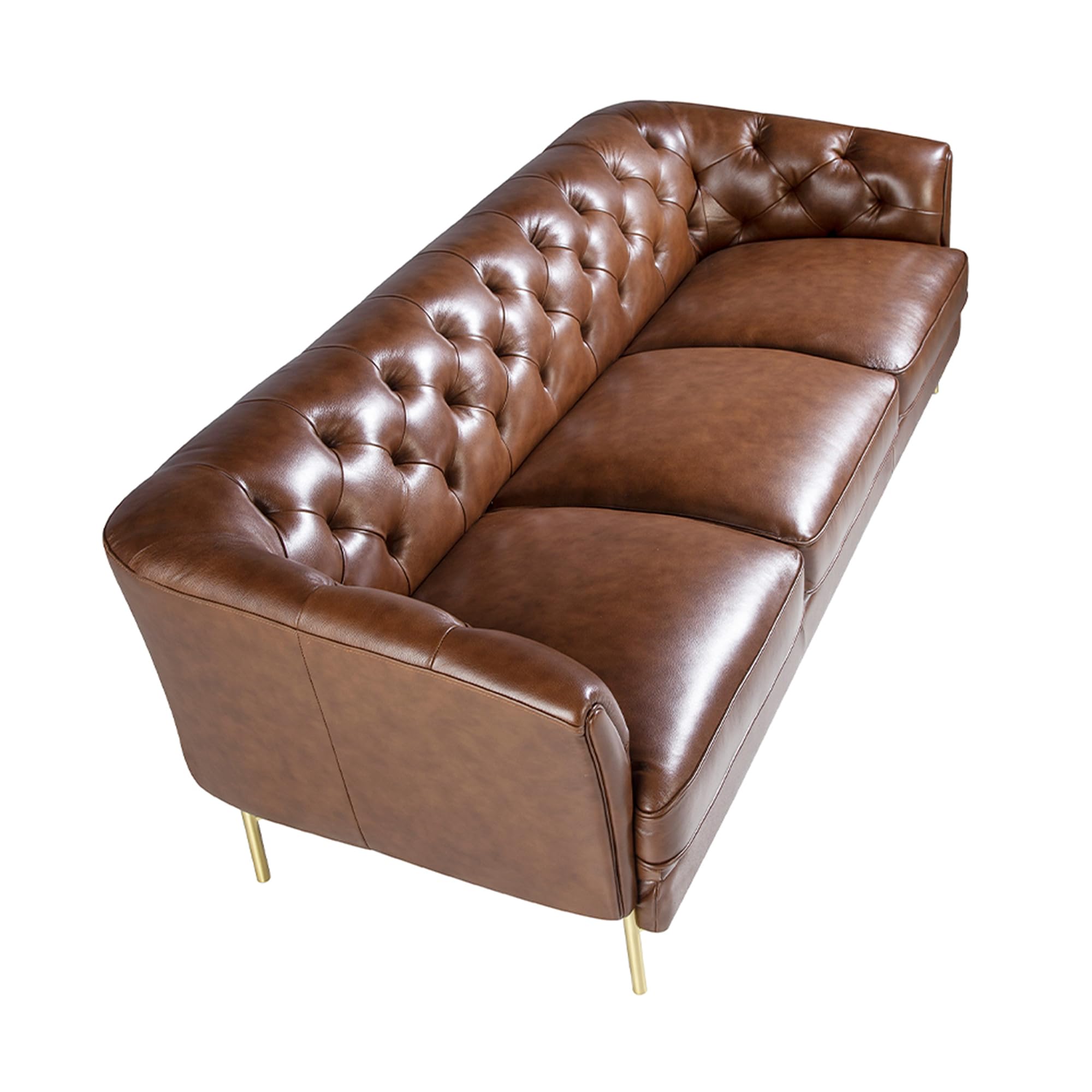 Angel Cerdá - Divano Design 3 Posti Pelle Cognac Capitonné Dorato | Pelle Autentica, Effetto Capitonné, Struttura Legno, Piedi Acciaio Inox Dorato, 188 x 94 x 75 cm