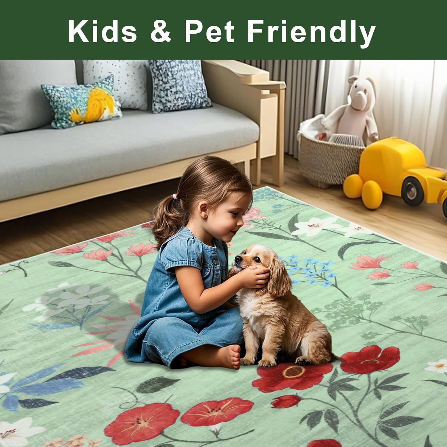 Instellar Floral Area Rug 6x9, Machine Washable Large Indoor Carpets, Non-Slip & Low Pile Green Area Rugs in Floral and Modern Designs for Living Room, Bedroom, Dining Room,and Kids Playroom