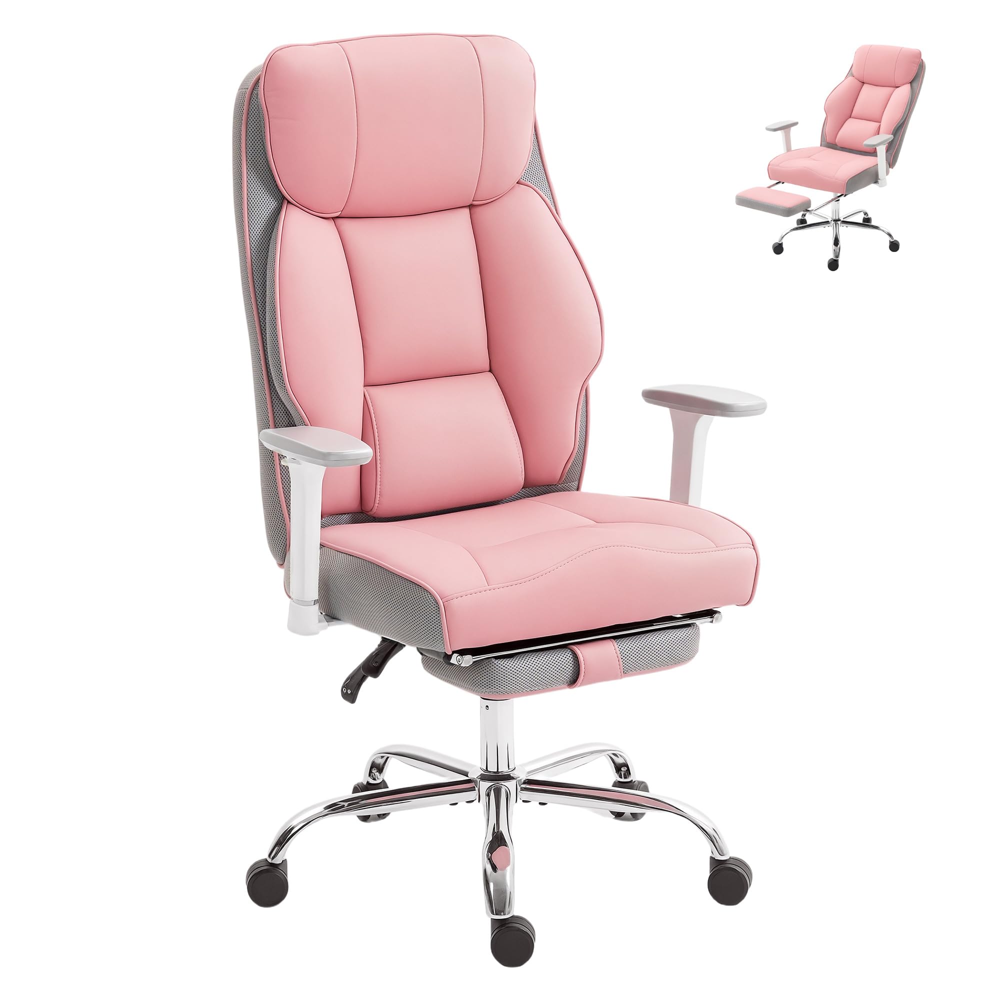 HOMCOM Silla de Oficina ergonómica con reposapiés, PU, 150 kg Rosa