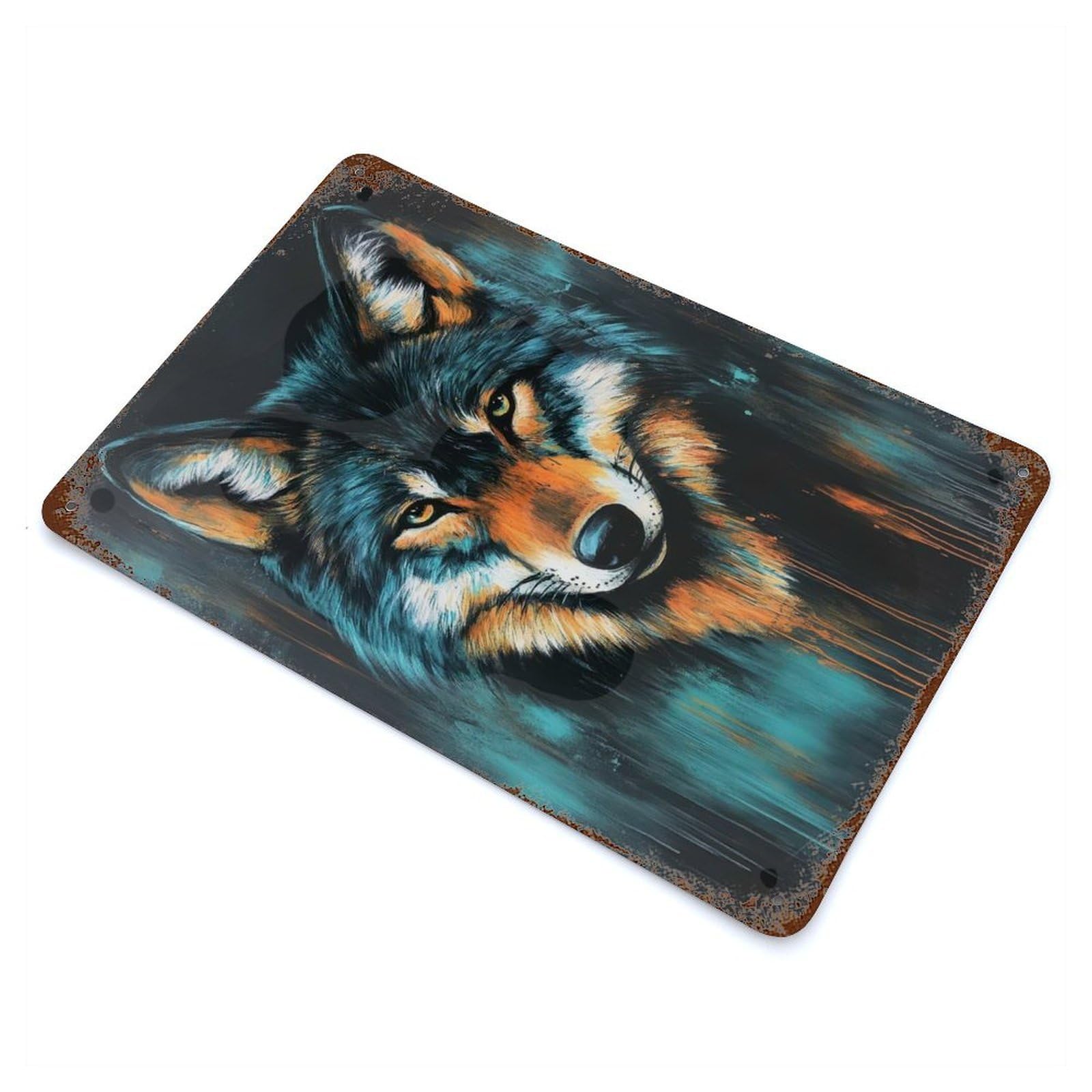 Wolf Portrait Painting 11.8"x7.9" Weathered Tin Sign, Rustic Home Decor for Living Room, Hallway And Home Decor