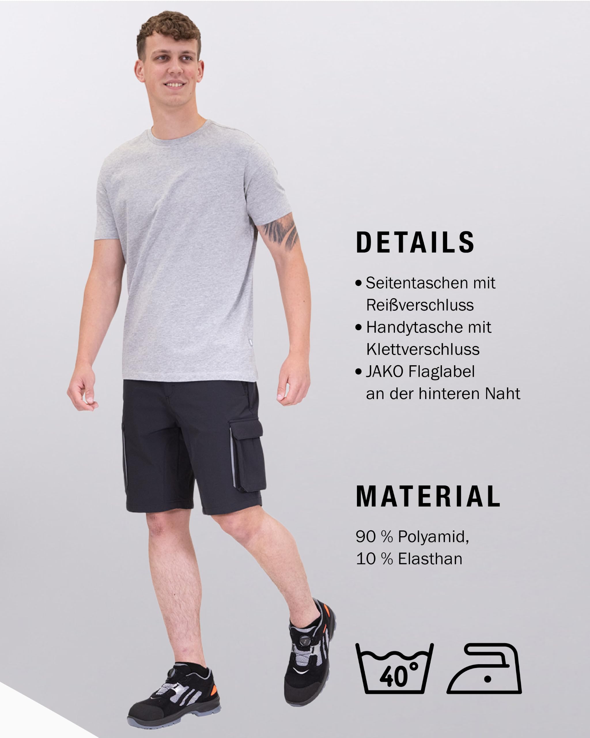 JAKO Corporate Teamwear Kurze Funktionshose Work – Ergonomische Arbeitshose für Herren mit 4-Wege-Stretch, Reflektoren & Cargo-Taschen für Arbeitsmaterial