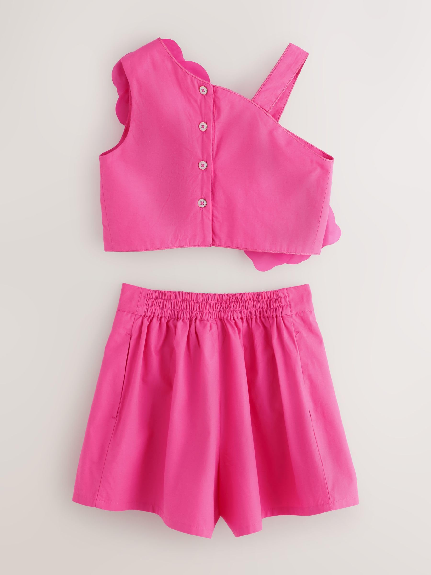 Niñas Conjunto de 2 piezas de top rosa con flores en 3D en un hombro y pantalones cortos