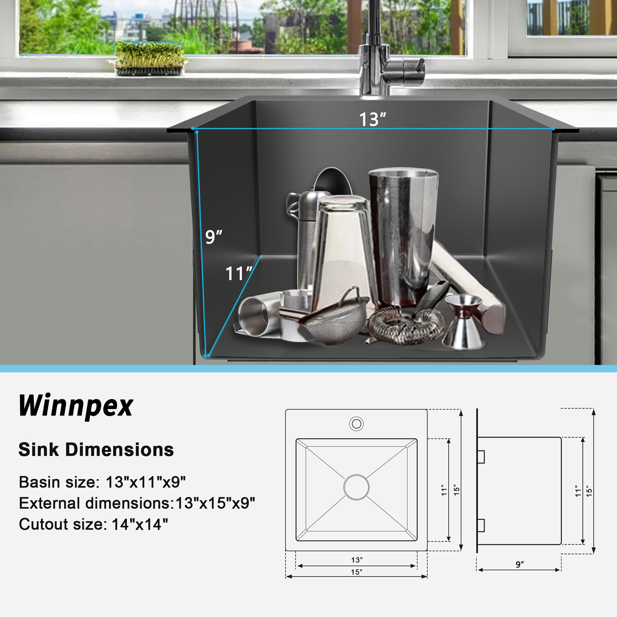 15x15 inch Drop in Bar Sink Black, Gunmetal Black Bar Sink 18