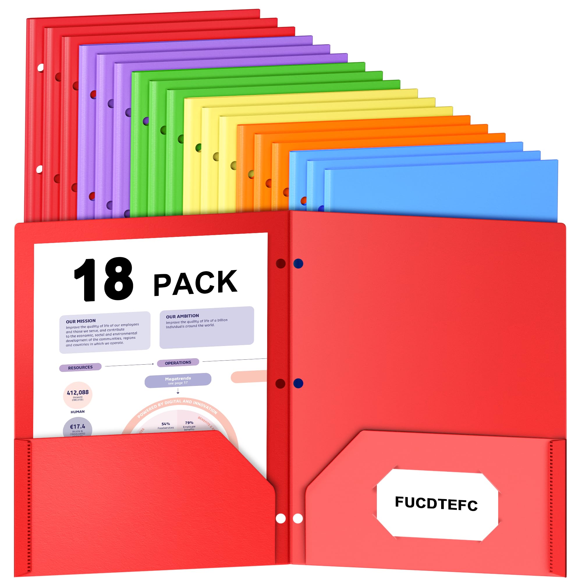 18 Pack Folders with Pockets, Plastic 3 Hole Punched Binder Folders with Business Card Holder, Colored Decorative File Folders for Documents, Filing Cabinet, School, Office, Business