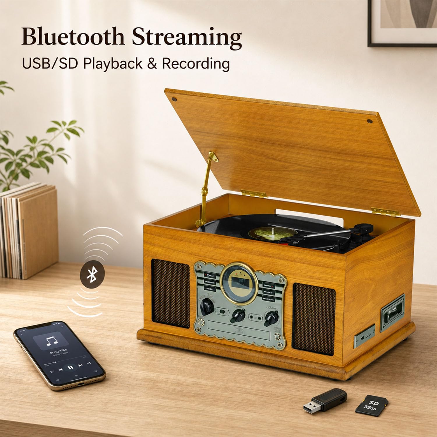 Giradischi 9-in-1 Vinile Turntable con Bluetooth,FM/DAB Costruito Dentro Altoparlanti Stereo, Costruito dentro Altoparlanti Stereo,CD, MP3,CASSETTE,USB
