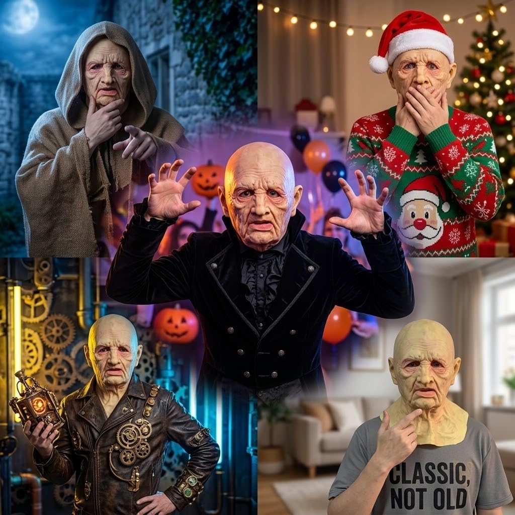 Realistic Latex Old Man Full Head Cover Mask Grandpa Wrinkle with Neck for Halloween Cosplay Horror Party Theater Performance
