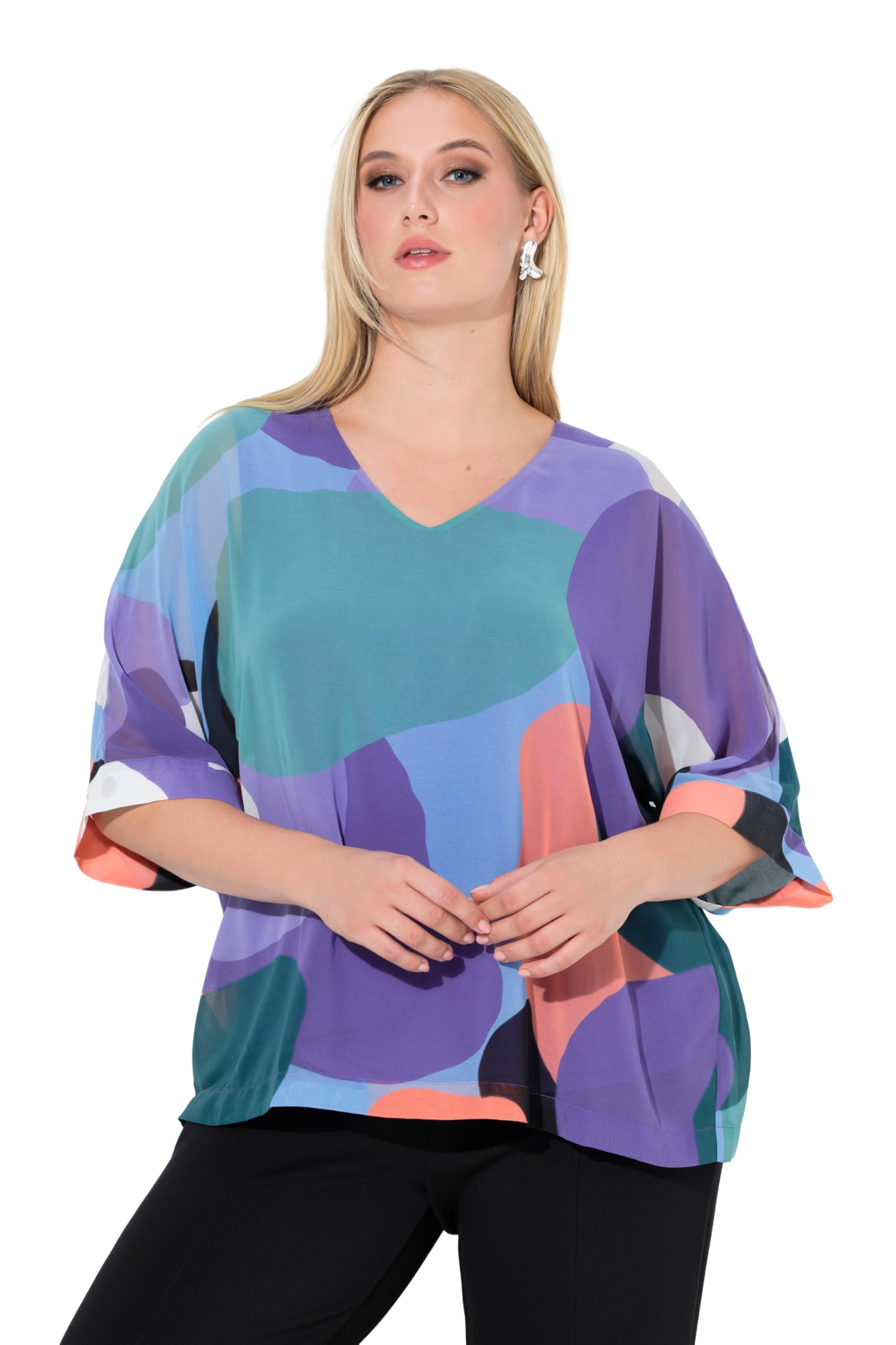 Ulla Popken Damen große Größen Übergrößen Plus Size Tunika, doppellagig, V-Ausschnitt, 3/4-Arm 846326