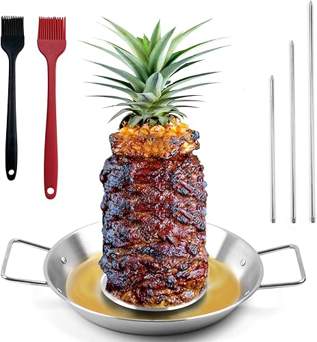 Fengzhe Al Pastor - Brocheta vertical para parrilla: pincho vertical de acero inoxidable, soporte brasileño con 3 picos, 2 cepillos, ideal para