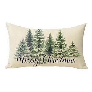 Fjfz Merry Christmas Tree Lumbar Decorative Throw Pillow Cover 12 x 20 Rectangular Xmas Pine Trees Outdoor Home