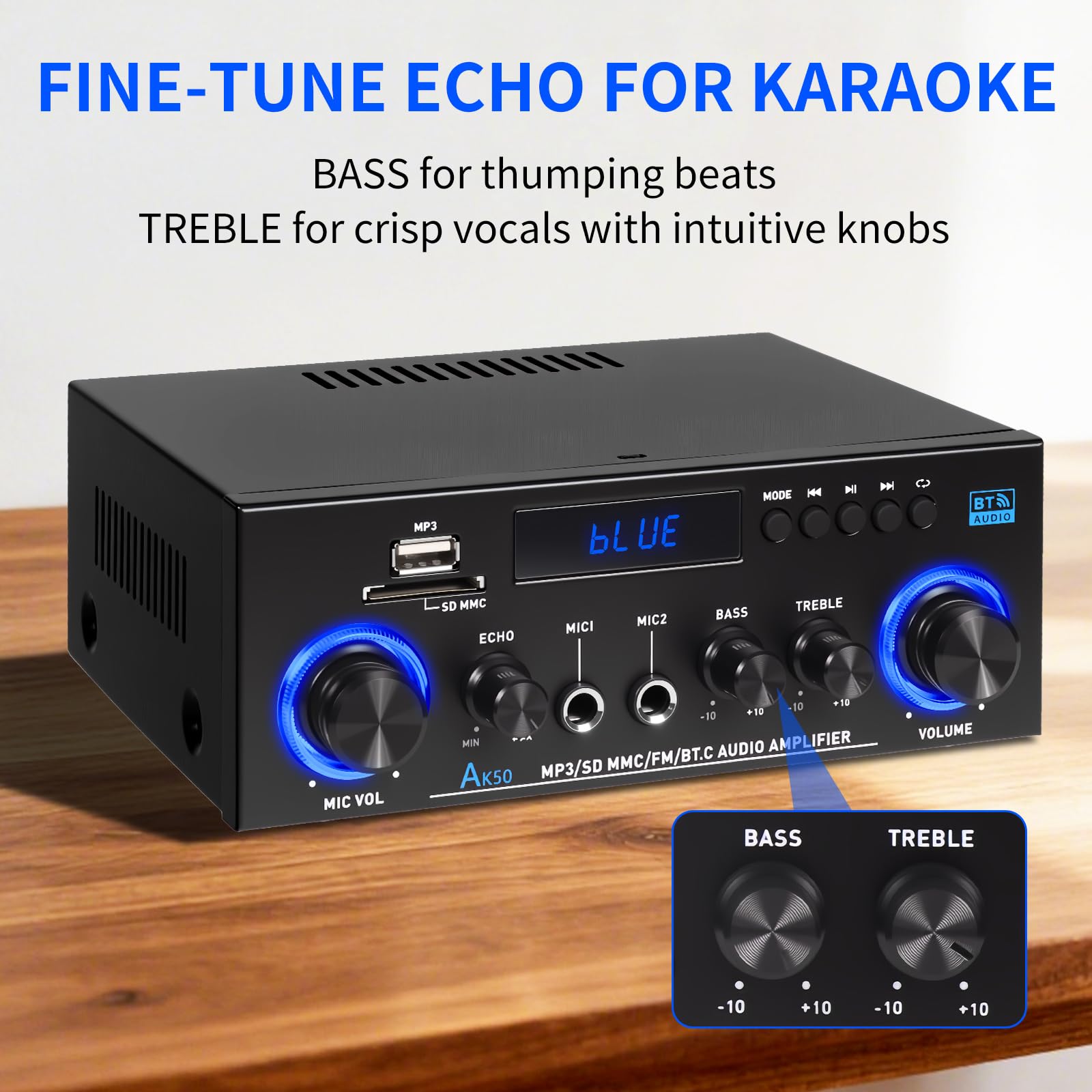 Amplificador de Audio Estéreo 2.0 Canales con Bluetooth 5.3, Radio FM y Micrófono - 1000W Pico (50W+50W RMS), Control de Graves/Agudos, Compatible con TV, Smartphone, Coche, PC y Karaoke
