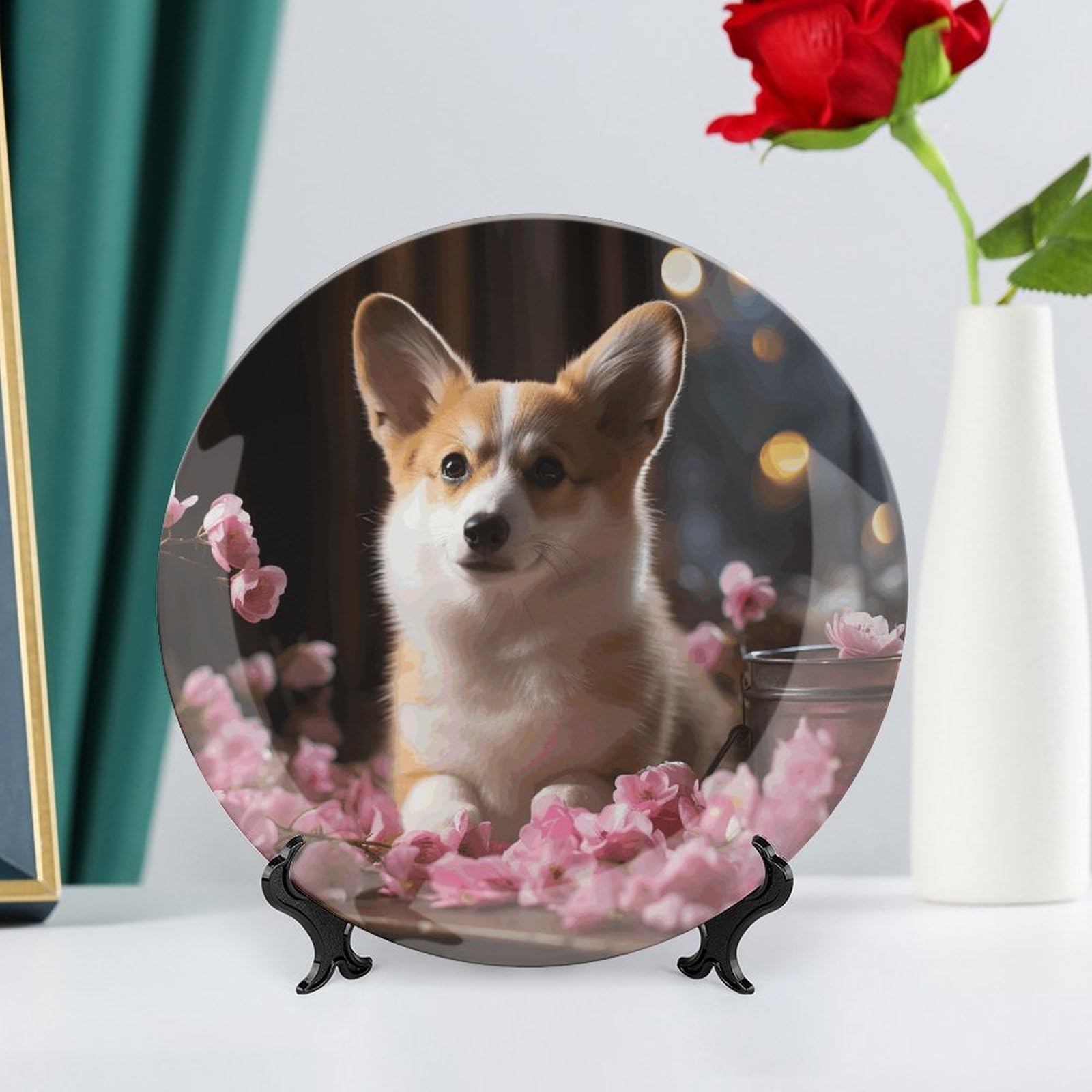 Assiette Décorative Corgi En Porcelaine - 17,8 Cm - Avec Présentoir Et Crochet - Décoration Murale Ou De Table