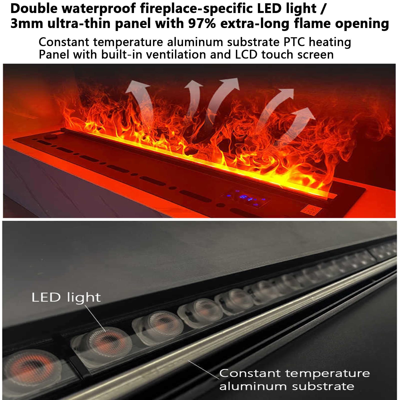 Dekoracyjny kominek 3D dla pary wodnej z regulowanymi kolorami płomienia, funkcją nawilżacza i realistycznym atomizowanym płomieniem - 100 cm