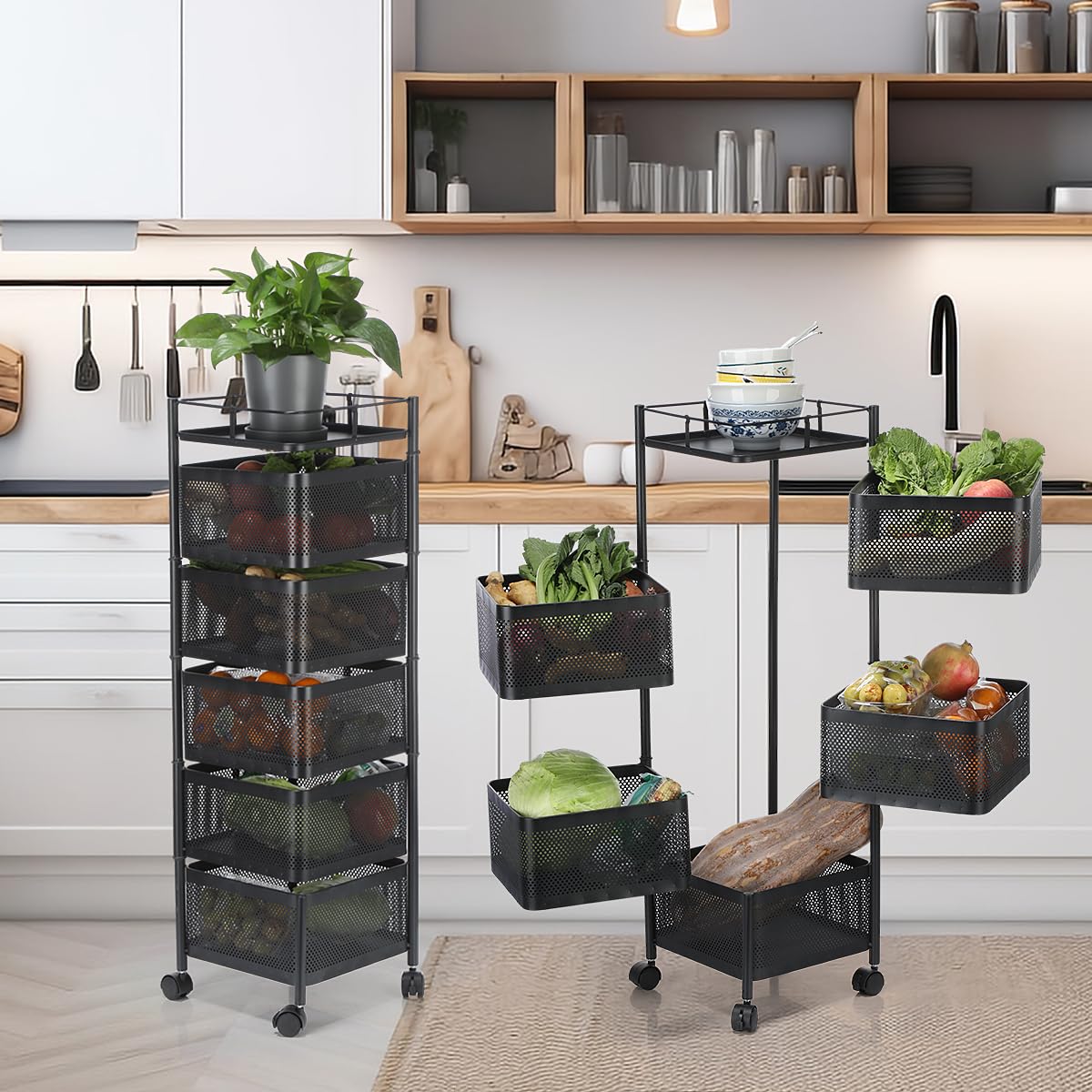 Carrito Auxiliar con Ruedas 5 Estantes, Carro de Cocina Multifuncional con Canastas, Carrito Verdulero y Frutero para Frutas y Verduras, Ruedas 360° para Cocina, Baño, Oficina, Despensa, Negro
