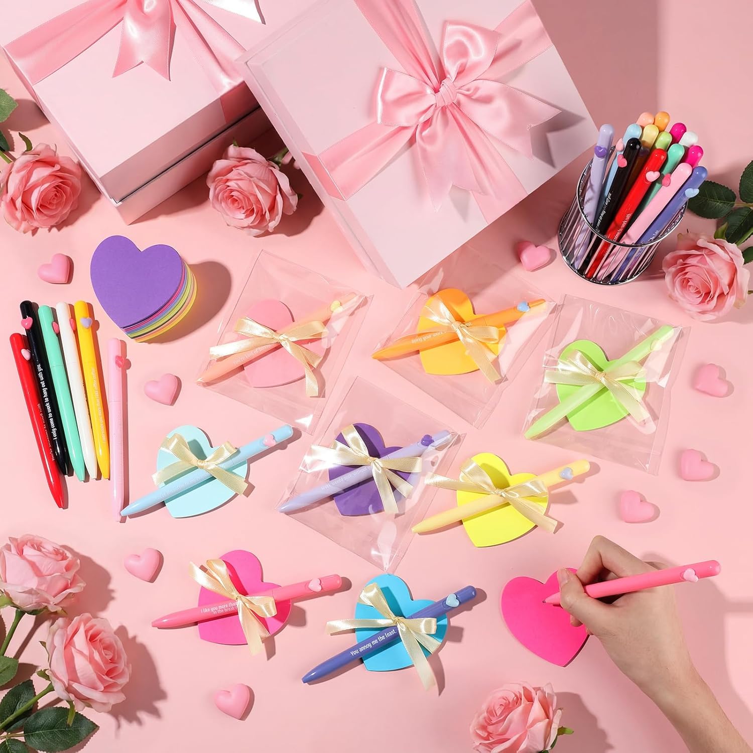 Colarr 30 Set Coworker Valentines Gift Bulk Funny Valentines Pens with Heart Sticky Note Ribbon Valentine's Party Favor for Work Teacher Adult Office Staff Colleague Employee Team Exchange Gift