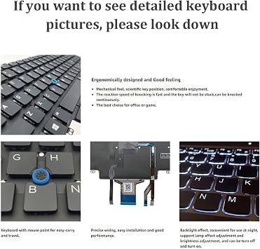 Replacement Keyboard Backlight for Dell Latitude E5450 E5470 E7470 7480 7490 5480 5488 with Pointer, NO Frame US Layout