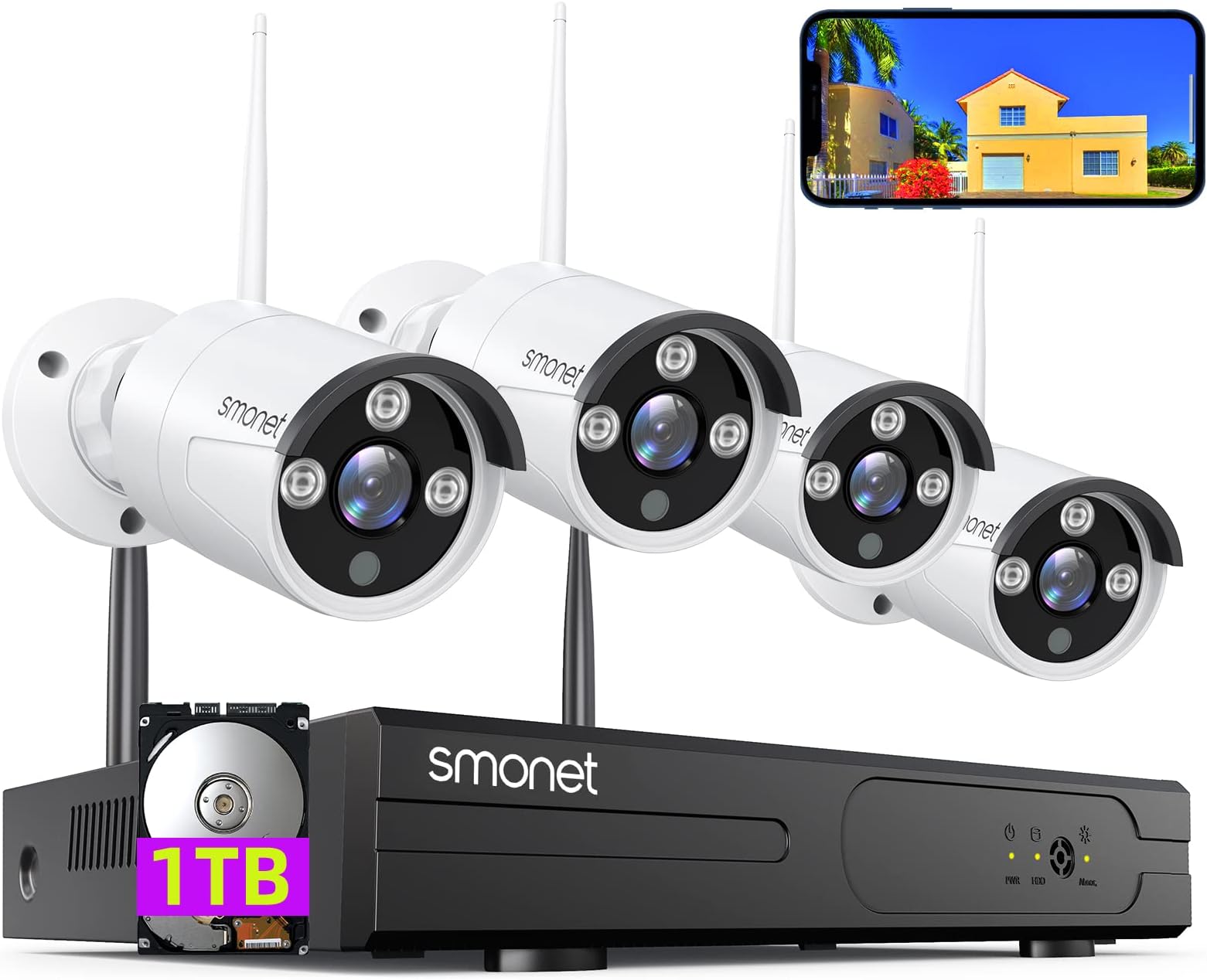 【1TB Hard Drive Pre-Installed】SMONET 1080P Wireless Security Camera System, 8CH Full HD Wireless Home Camera System, 4 Indoor Outdoor Surveillance Cameras, P2P, Super Night Vision, Free App