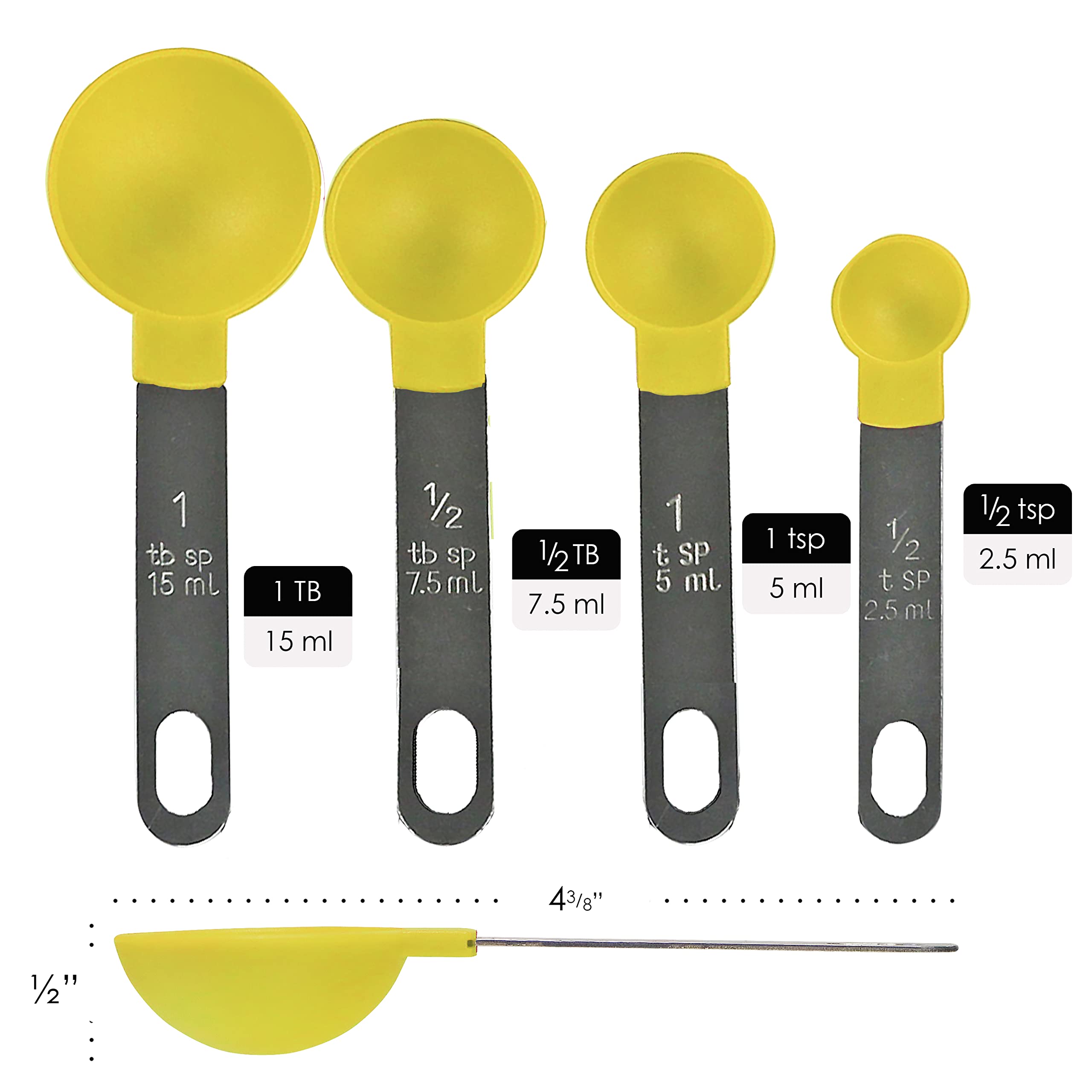 Reston Lloyd Lot de 4 cuillères à mesurer pour ingrédients secs et liquides, en plastique de qualité alimentaire avec poignées en acier inoxydable, citron