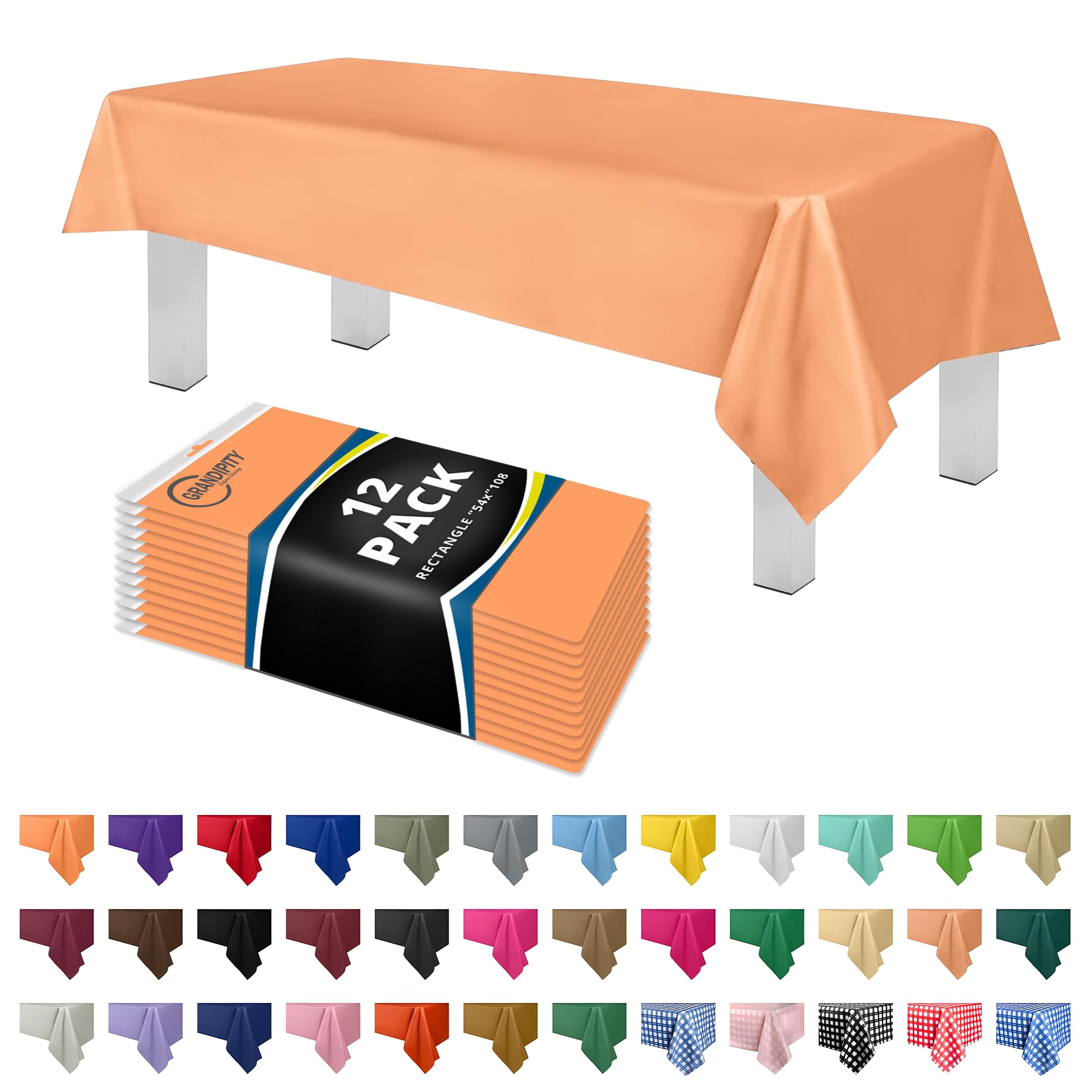 Grandipity 12 Pack Premium Disposable Plastic Tablecloth 54 Inch. x 108 Inch. Decorative Rectangle Table Cover - Peach