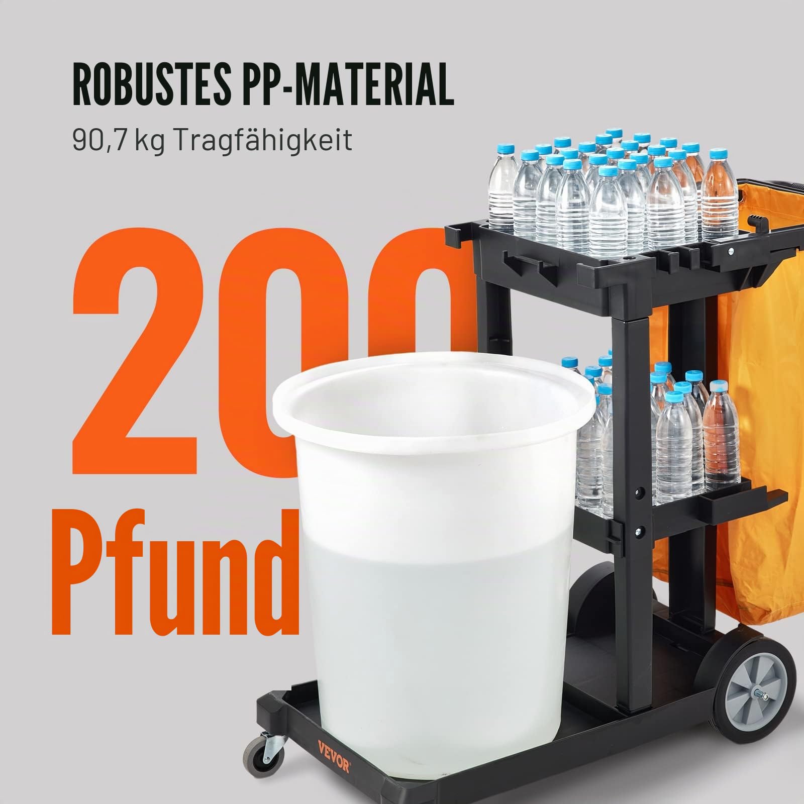 VEVOR Reinigungswagen Putzwagen 3 Fächer 90,7 kg Tragfähigkeit Schwarz PP inkl. PVC-Müllsack & Handschuhe