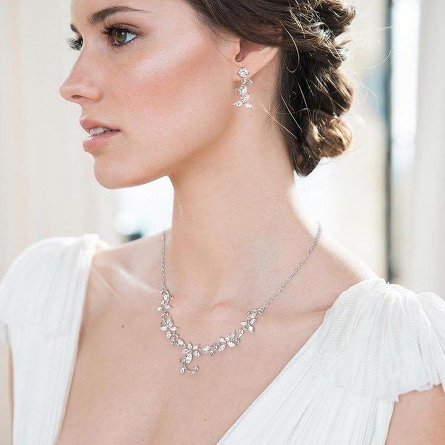 Crysdue Flower Leaf Wedding Jewelry Set for Bridal Bridemaid, Cubic Zirconia Teardrop Elegant Silver/14K/Rose Gold Plated Vine Necklace Dangle Earrings for Prom Party