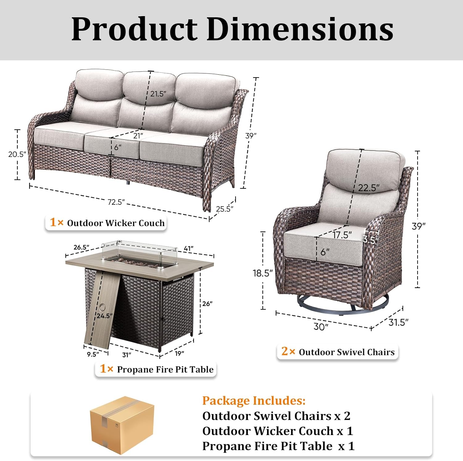 Luxury High Back Patio Furniture Set with Fire Pit Table, 4-Pieces Outdoor Furniture with 6" Thick Cushions Swivel Chairs, Wicker Conversation Set for Porch, Balcony, Deck and Yard, Brown/Beige