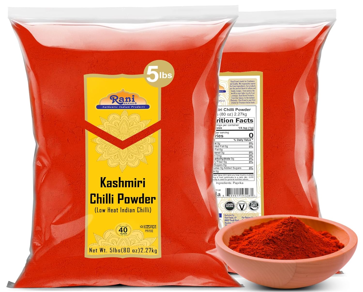 Rani Kashmiri Chilli Powder (Deggi Mirch, Low Heat) Ground Indian Spice 80oz (5lbs) 2.27kg Bulk ~ All Natural | Salt-Free | Vegan | No Colors | Gluten Friendly | NON-GMO | Kosher | Indian Origin