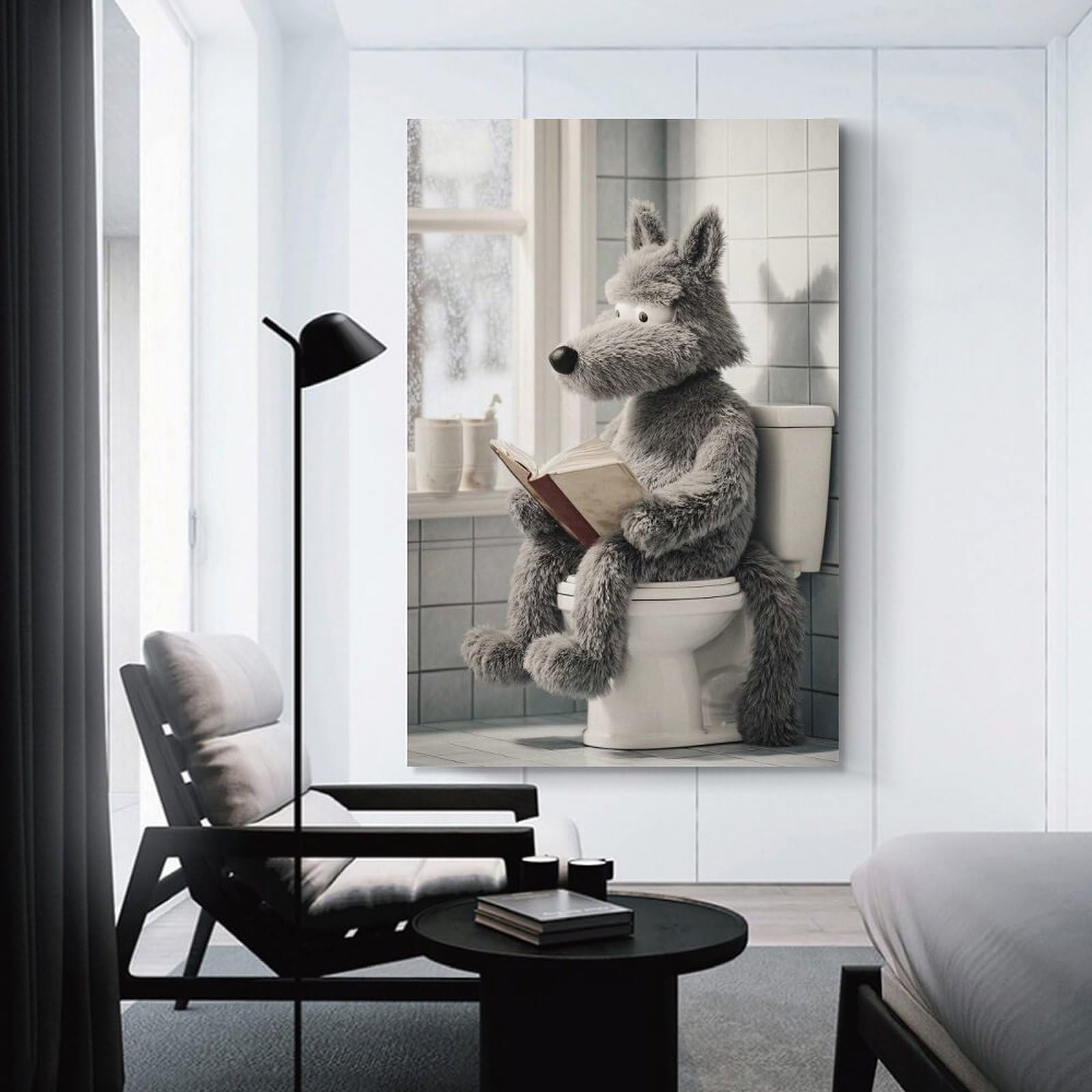 Junmoney Wolf Reading on Toilet Decorative Wall Artwork, 24x36inch(60x90cm), for Home Lounge, Bedroom Or Reading Nook, Easy Decor for Gallery Walls