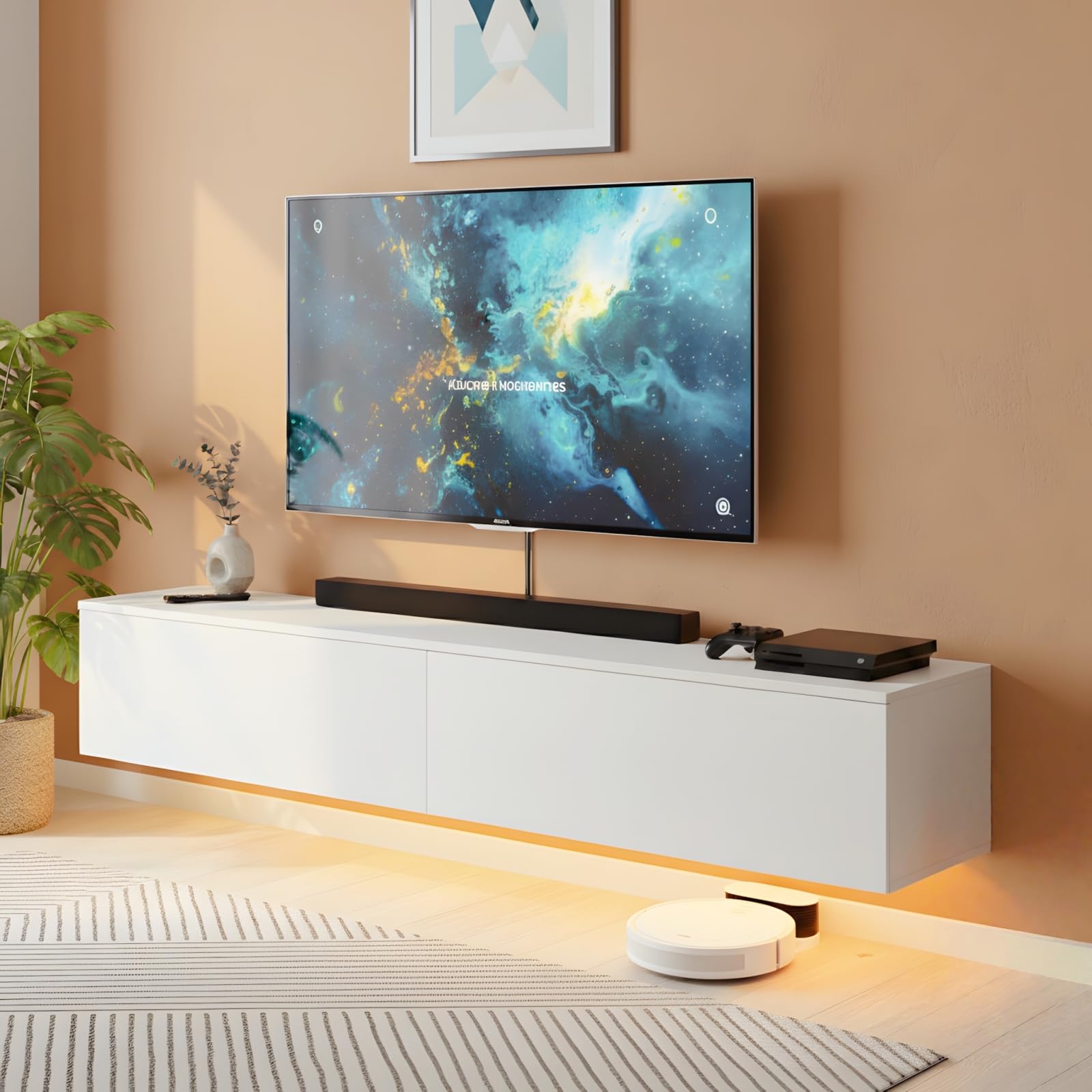 Mueble de TV Moderno Con Iluminación LED, Colgante o de Pie, 180 cm de Longitud, Madera Blanca Con Almacenamiento, Para Pared o Suspendido