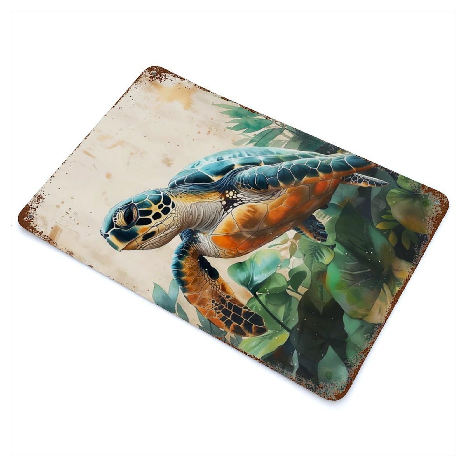 Sea Turtle in Lush Foliage Vintage Rust Metal Sign 11.8"x7.9", Farmhouse Wall Decor for Garage, Pub Or Kitchen