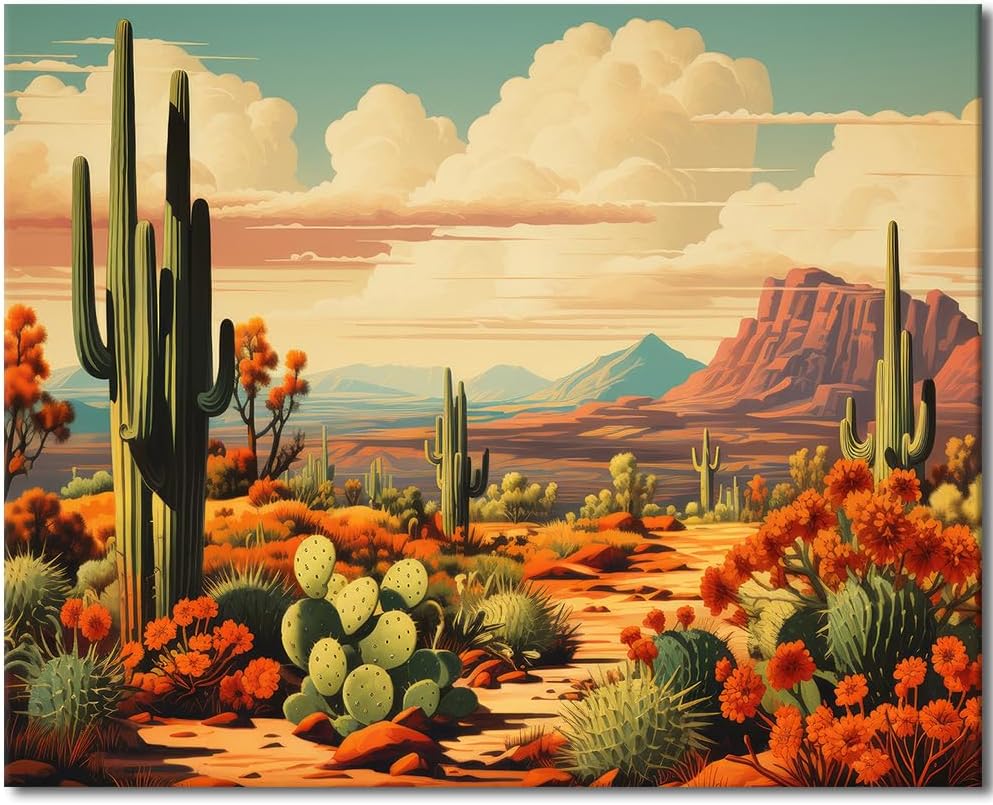 TUMOVO Abstract Scenery Paint by Number on Canvas, Acrylic Painting Kit for Kids and Beginners with Brushes and Acrylic Pigment Without Frame Home Wall Decor Gift 16x20 inch - Desert Cactus