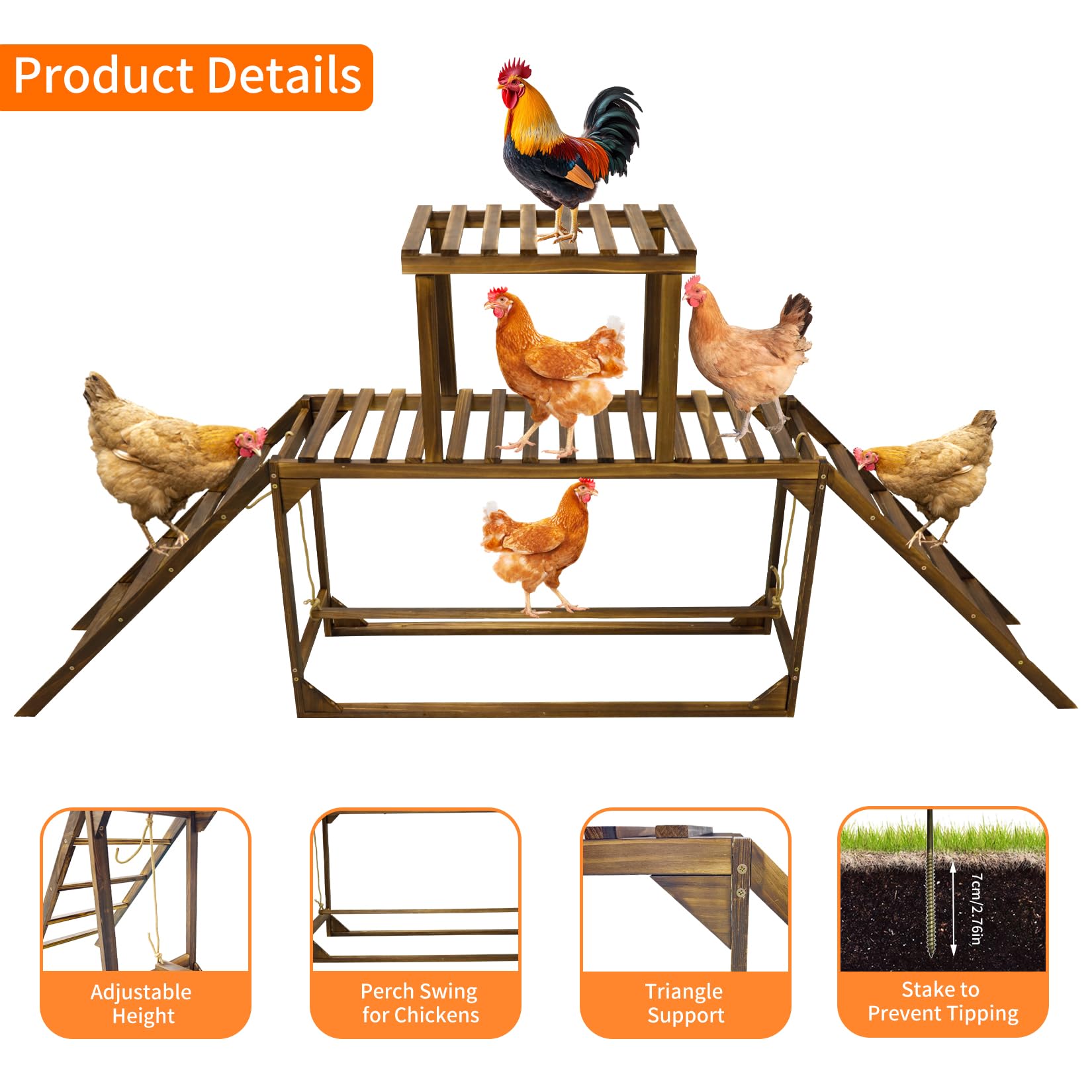 BingoPaw Percha de Madera para Gallinas con Escalera y Columpio, Perchero de Carbonizado para 8-10 Gallinas, Área de Pie Amplia, Resistente a la Corrosión, 200x30x89cm