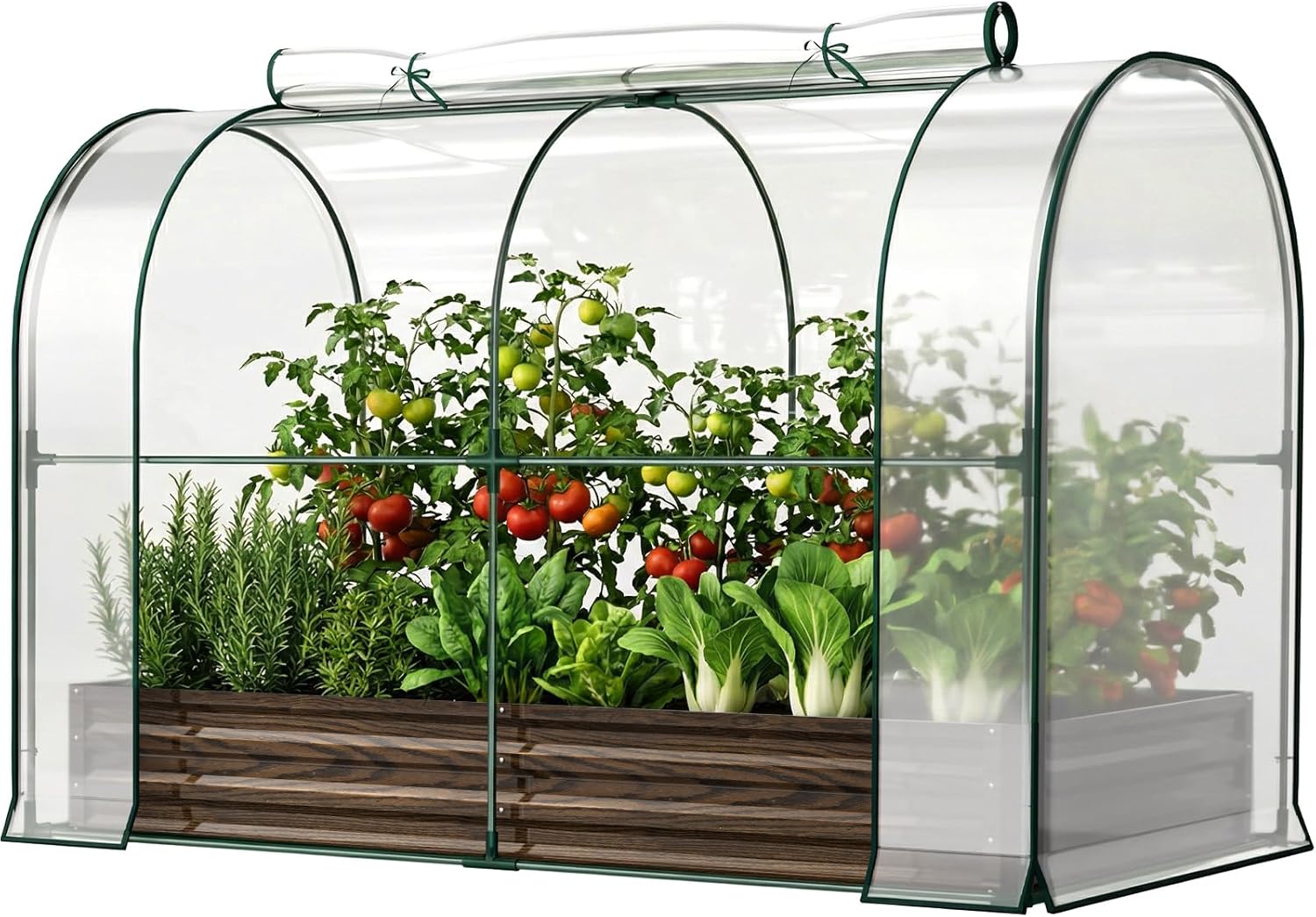 SUNYRISY Galvanized Raised Garden Bed with Greenhouse, Outdoor Metal Planter Box Kit with Bed Cover, Garden Box Protection for Gardening Vegetables Flowers Herbs Planting, Wood Grain