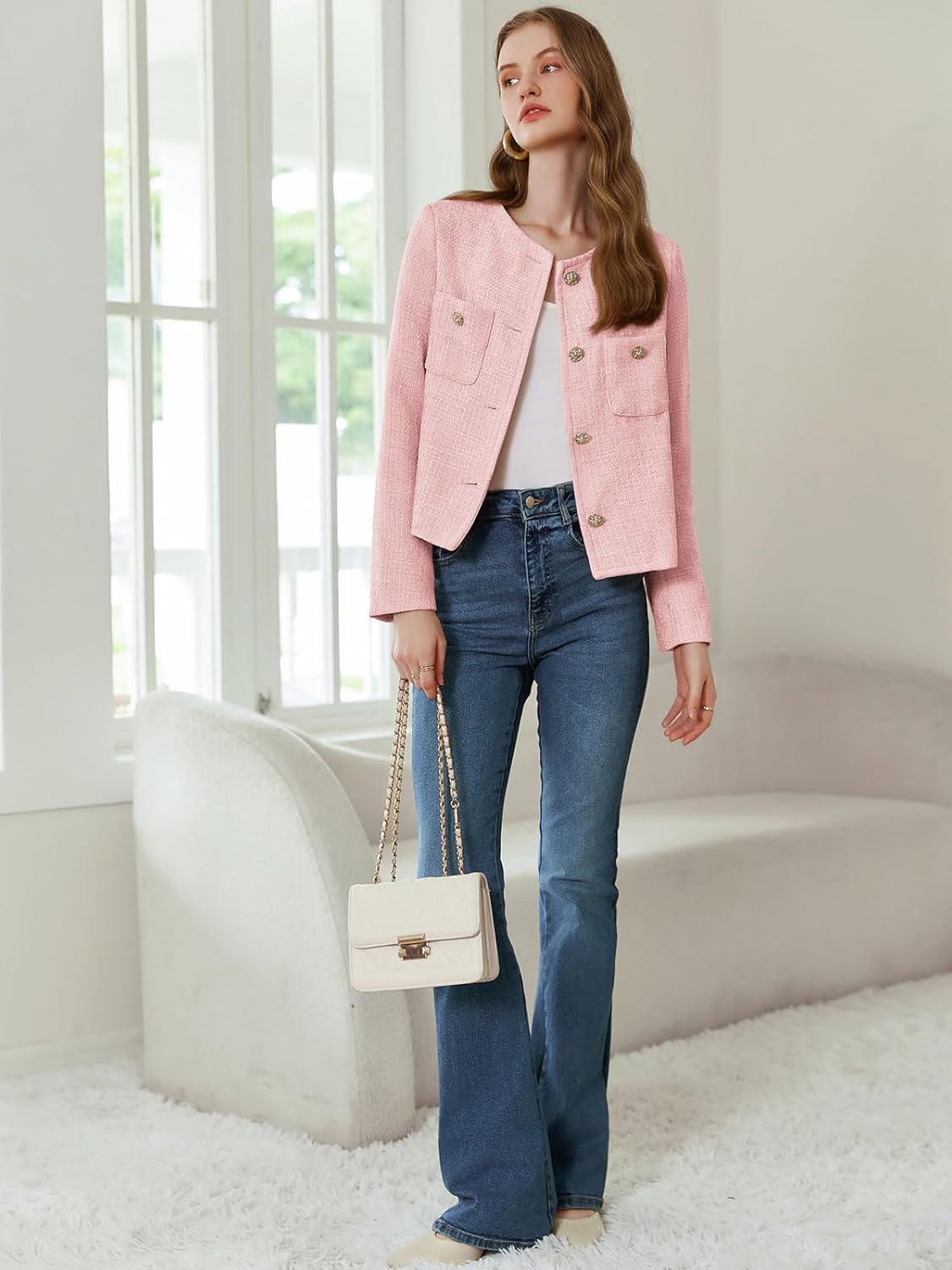 Women's Tweed Blazers Long Sleeve Business Button Down Casual Cropped Blazer Jackets with Pockets - Image 5