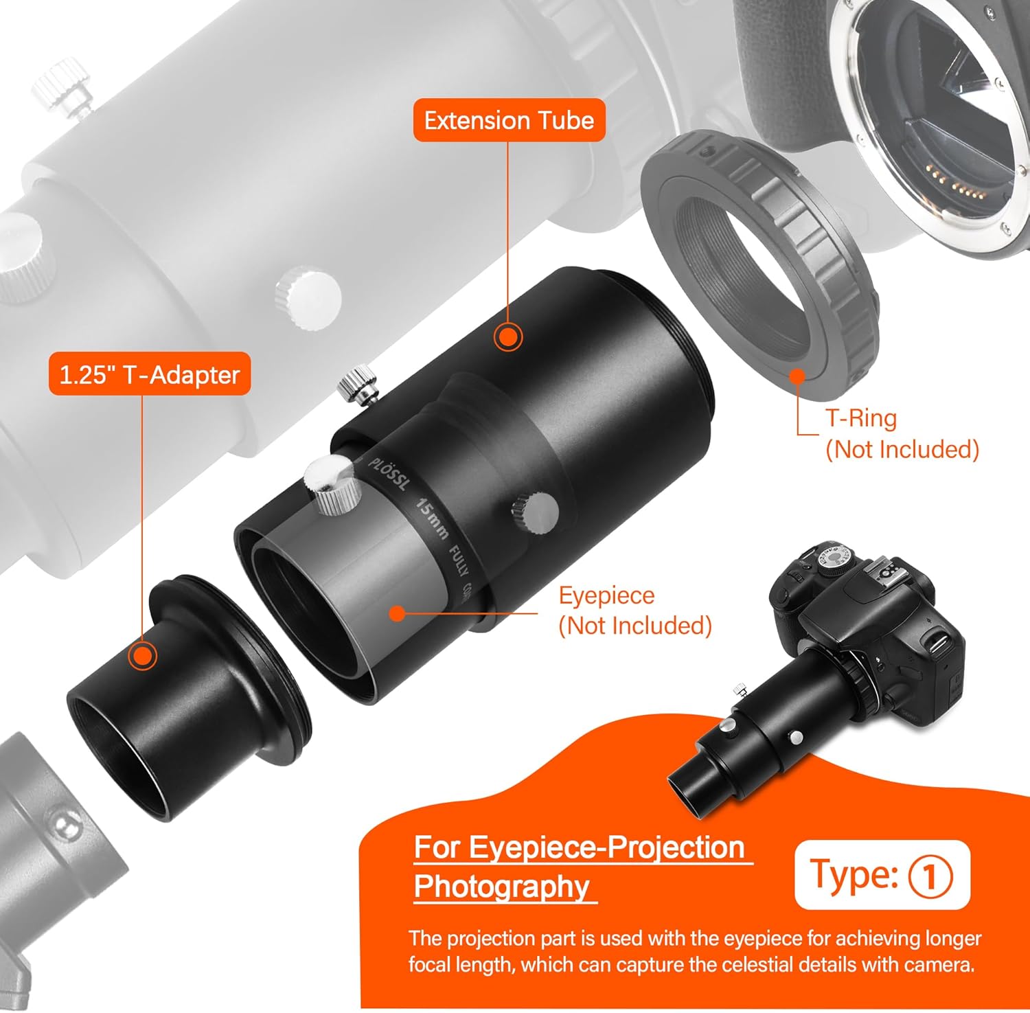 Astromania Telescope Photo Adapters, Metal Extendable Camera Adapter for Telescope with 1.25 inch T Adapter, Compatible for Prime-Focus Or Eyepiece-Projection, Canon EOS Nikon SLR Cameras Photography - Image 3