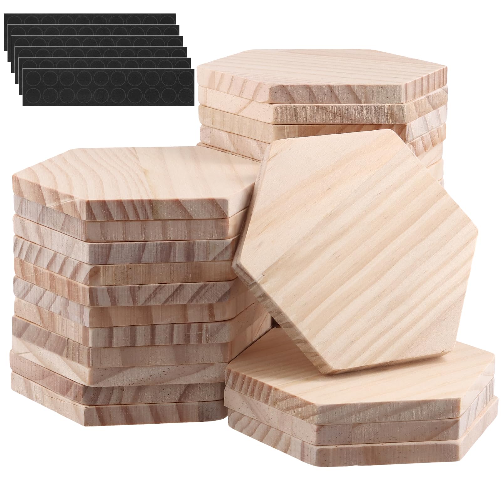 HOIGON Paquete de 30 posavasos de madera hexagonales de 10 x 10 x 0,9 cm, con calcomanías de puntos antideslizantes, posavasos de madera a granel para mesa de café, mesa de comedor, bar