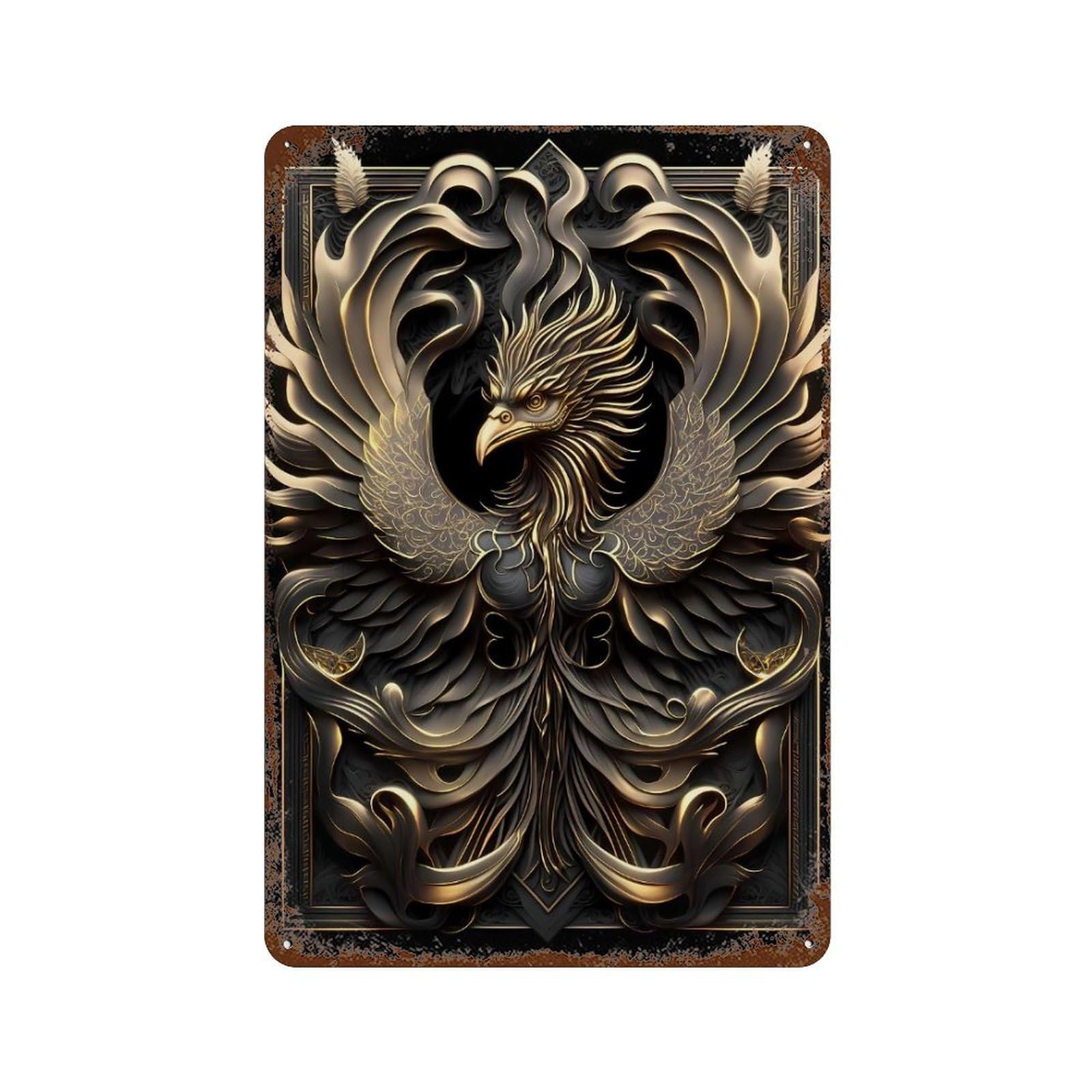 Rust Effect Epic Golden Phoenix Rustic Tin Plaque 11.8"x7.9", Shabby Chic Decor for Basement, Hobby Room And Garage Decor