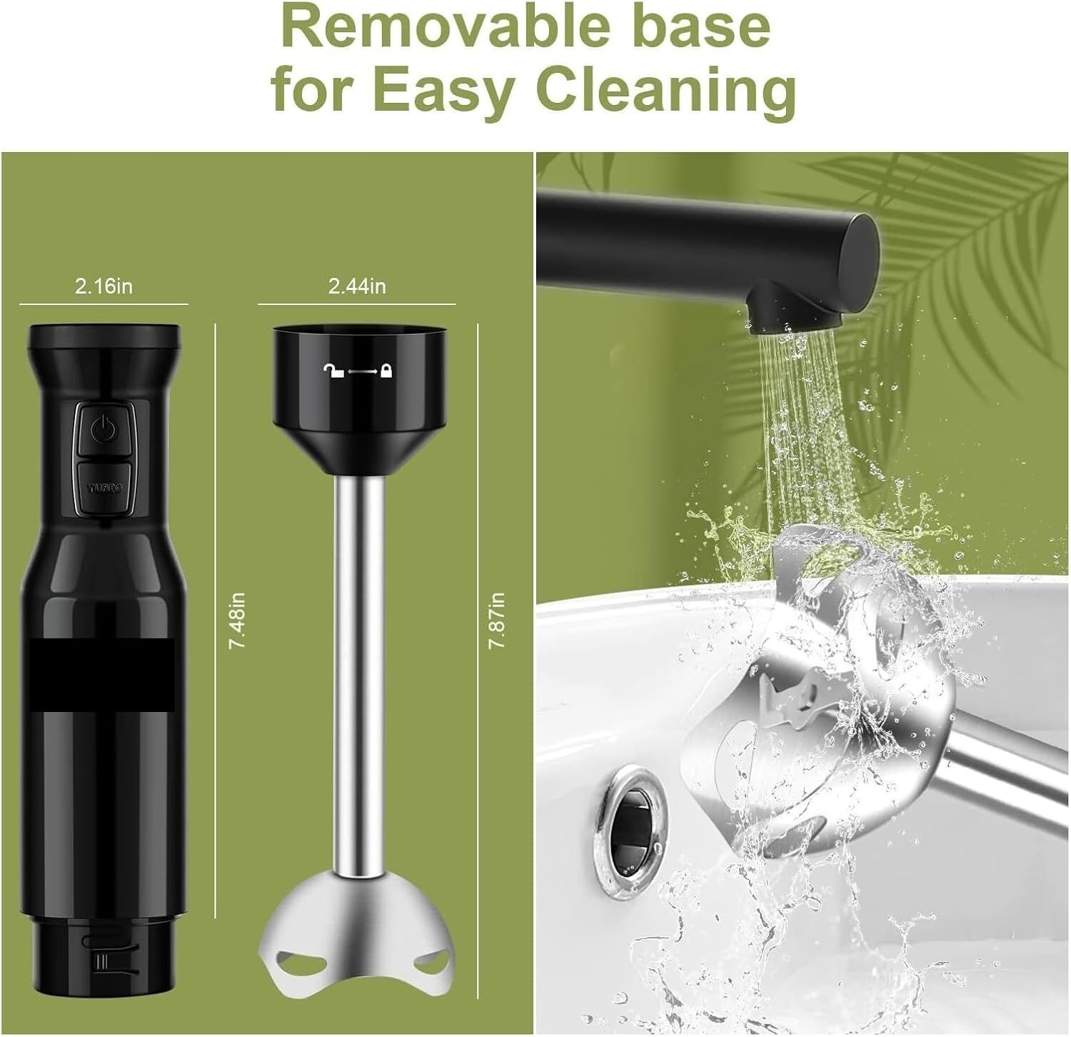 Hand Blender, Immersion Blender with 2 Speeds & Stainless Steel Blades, Portable Electric Stick Mixer for Soup, Sauce, Baby Food, Smoothie, Shake - Easy to Clean & Store