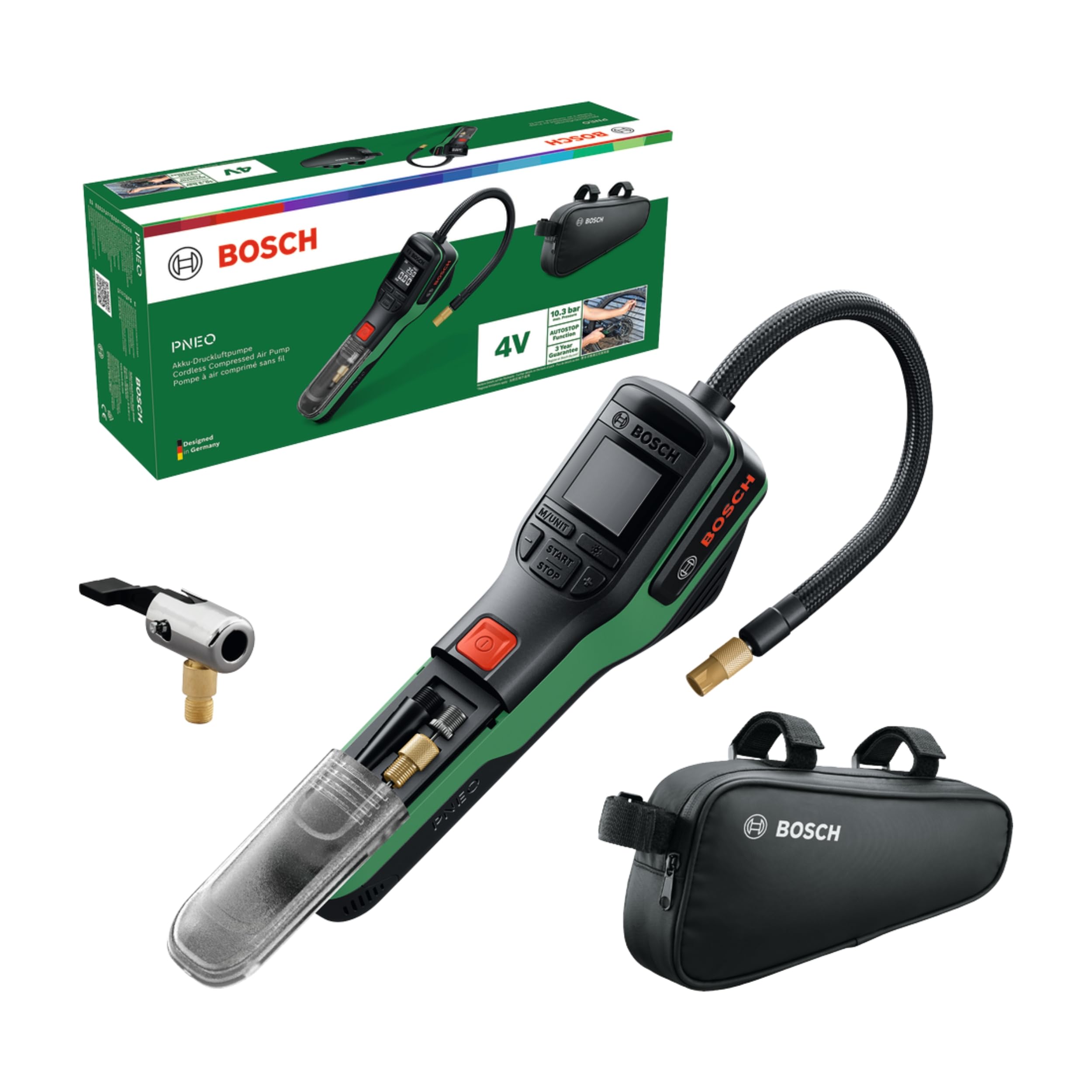 Bosch PNEO Cordless Pneumatic Pump (Compact Power BA 4V 3.0 Ah Battery, Quick Snap, Ball Needle, Presta Valve and Balloon adapters, Bike Bag, Carton Box) โ image 1