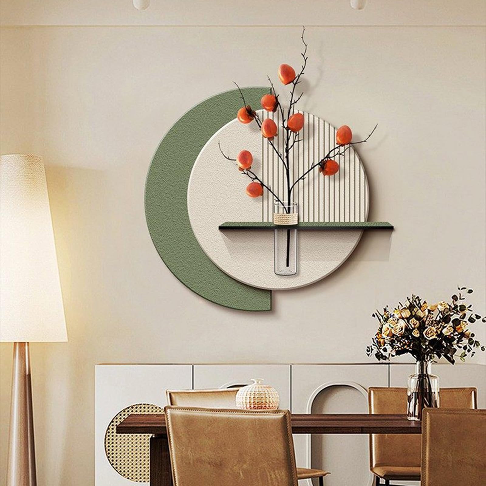 MESCXTY 3D Sandstone Wall Art Decor with Persimmon Vase, Handcrafted Layered Sculpture Glass Test Tube & Faux Fruit Branches, Modern New Chinese Aesthetic Hanging Mural(Green,23.6 * 23.6in)