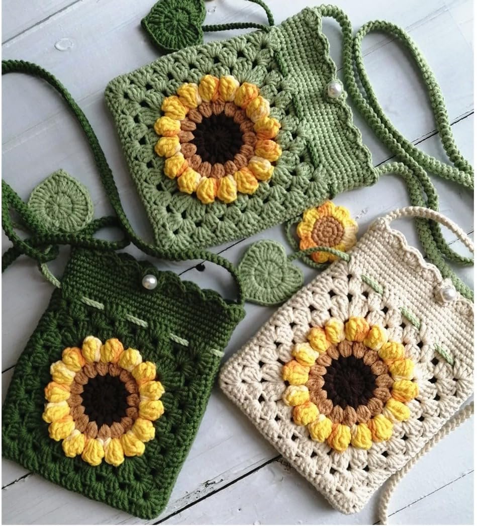 Handmade Crochet Sunflower Blossom Phone Bag Knitted Bag for Women, A-mint green - Image 3