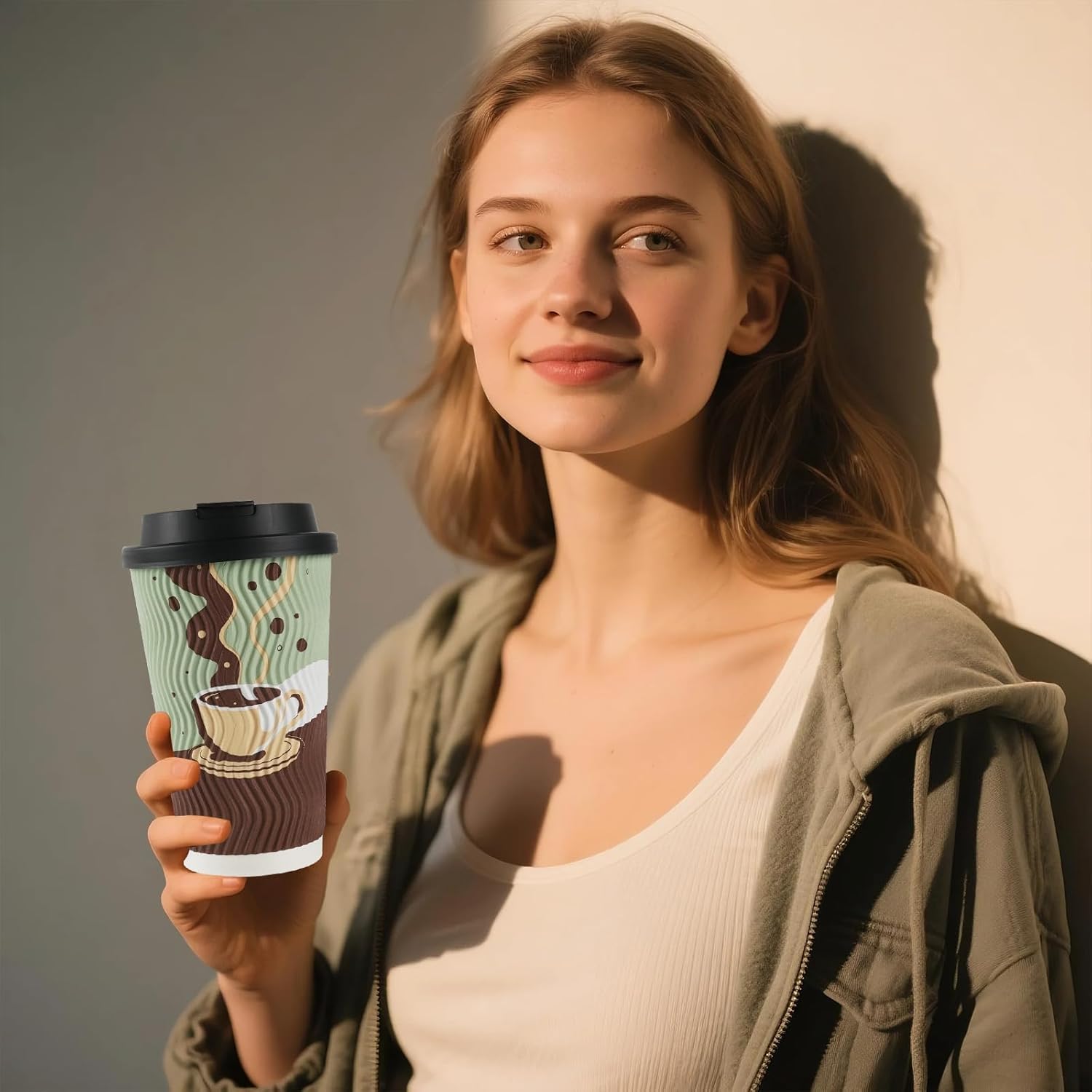 48 pack 16 oz Disposable Coffee Cups with Lids, Corrugated Ripple Wall Insulated Paper Cups for Winter Cahristmas Hot Cold Drink, Home, Office, Coffee Bar - Image 2