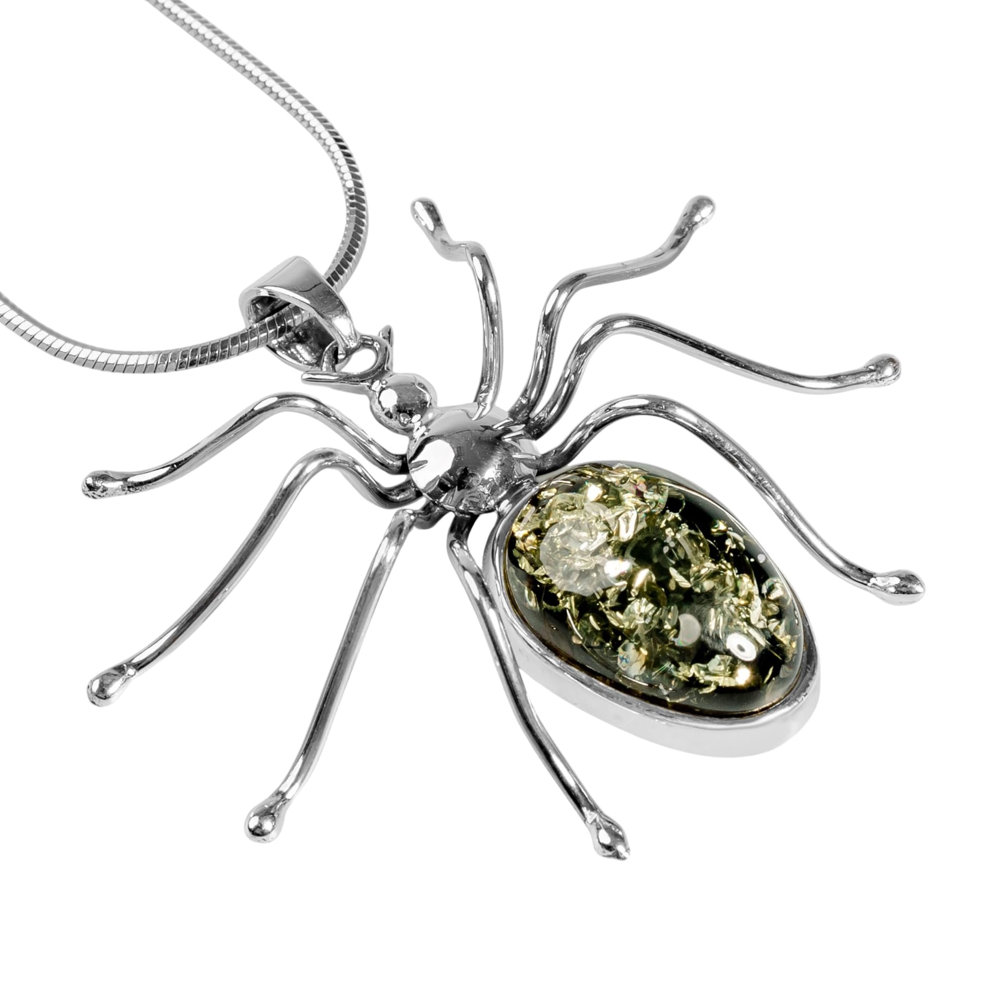 HENRYKA 925 Sterling Silver & Green Baltic Amber Handmade Spider Necklace | Halloween Jewellery | Statement Fashion Accessory | Gifts for Mum & Women