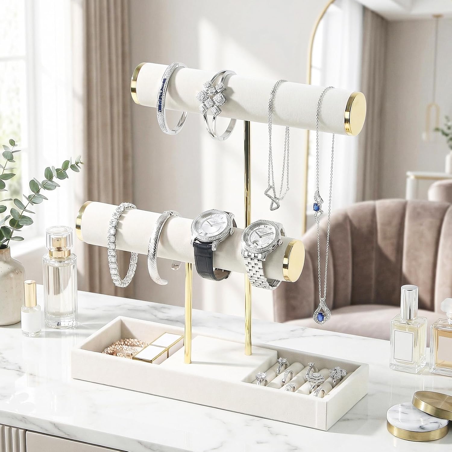 2 Tier Jewelry Holder,Bracelet Necklace Organizer with Jewelry Tray,Jewelry Storage Stand for Girls,Velvet Jewelry Tree (Beige)
