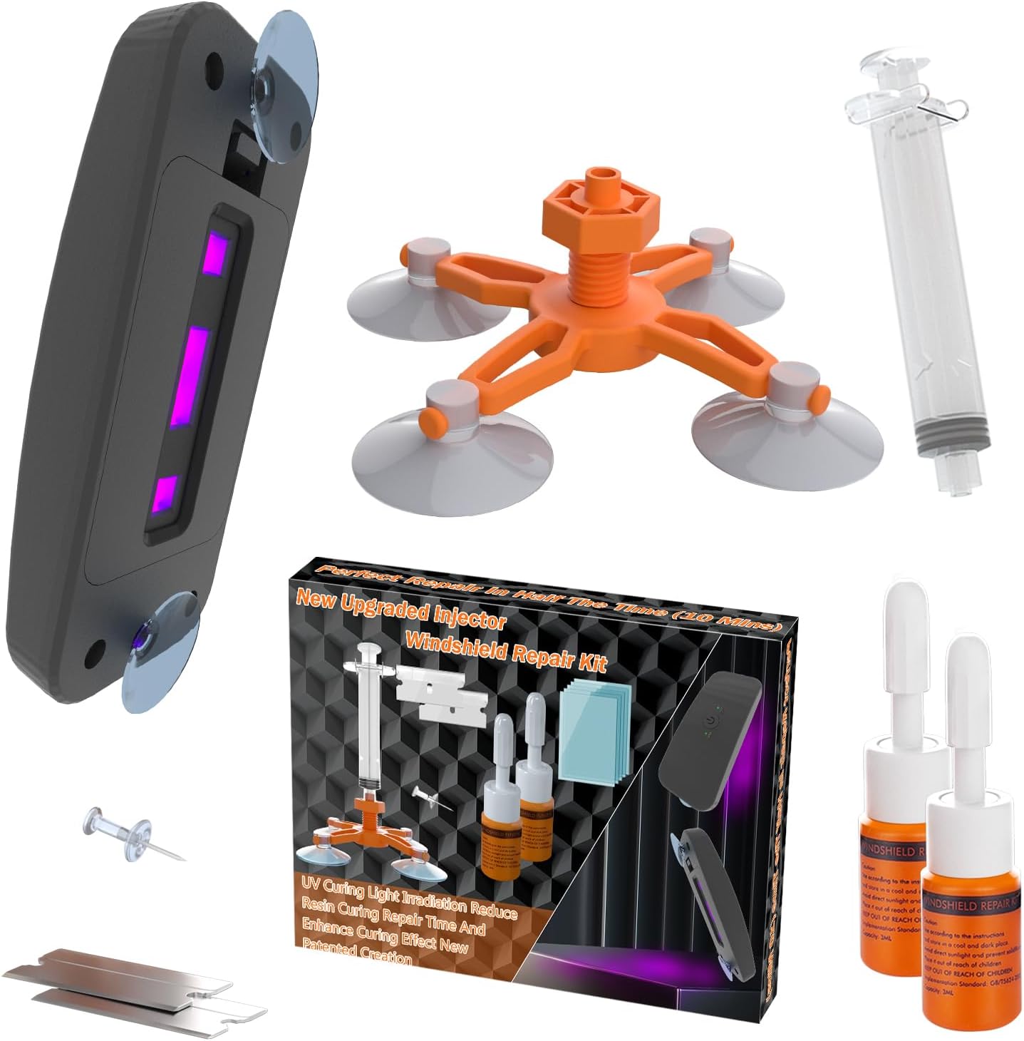 Brennenstuhl Windshield Repair Kit for Chips and Cracks, Rock Chip Repair Kit Windshield, for All Car Windshield Crack Repair Kit to Repair Scratches, with Curing and Pressurizing Device