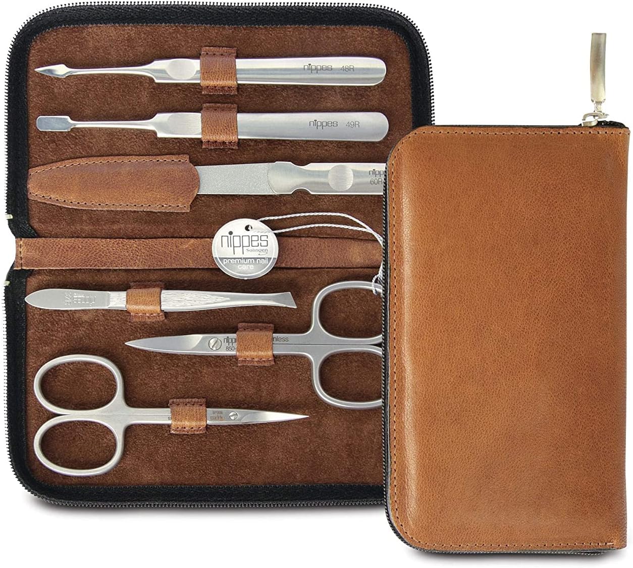 Nippes Solingen Nippes Premium Line Manicure Set 6 Pieces Stainless Steel Rust and Nickel Genuine Cowhide Leather Case with Zip Fastener Brown
