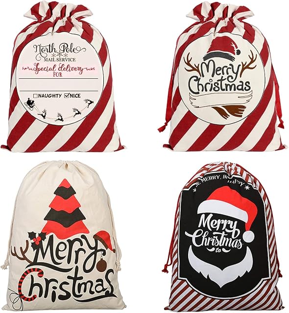 LSJDEER 4 Pack Santa Sacks, large Christmas Bags with Drawstrings for Wrapping, 50 x 70cm Xmas Canvas Stocking (Pattern 1)
