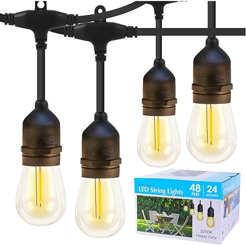 LED Outdoor String Lights - 48 Feet 2200K Commercial Grade Backyard String Lights - 26 S14 Shatterproof Bulbs - Heavy Duty Weatherproof String Lights for Patio and Porch - 2 Feet Bulb Spacing