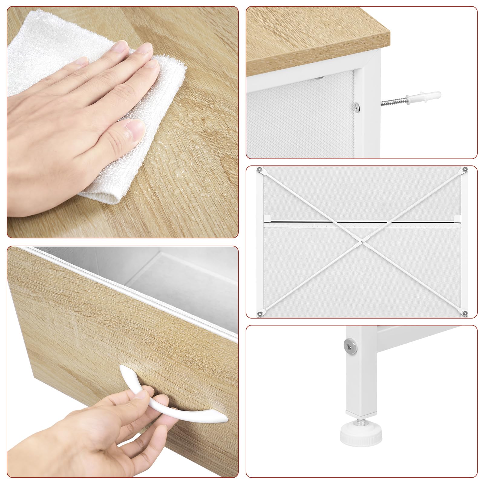 WOLTU Cassettiera, 4 Cassetti in Tessuto, Armadio di Stoccaggio per Camera da Letto Corridoio Soggiorno, Struttura in Acciaio, E1 Piano Legno, Rovere Chiaro+Bianco