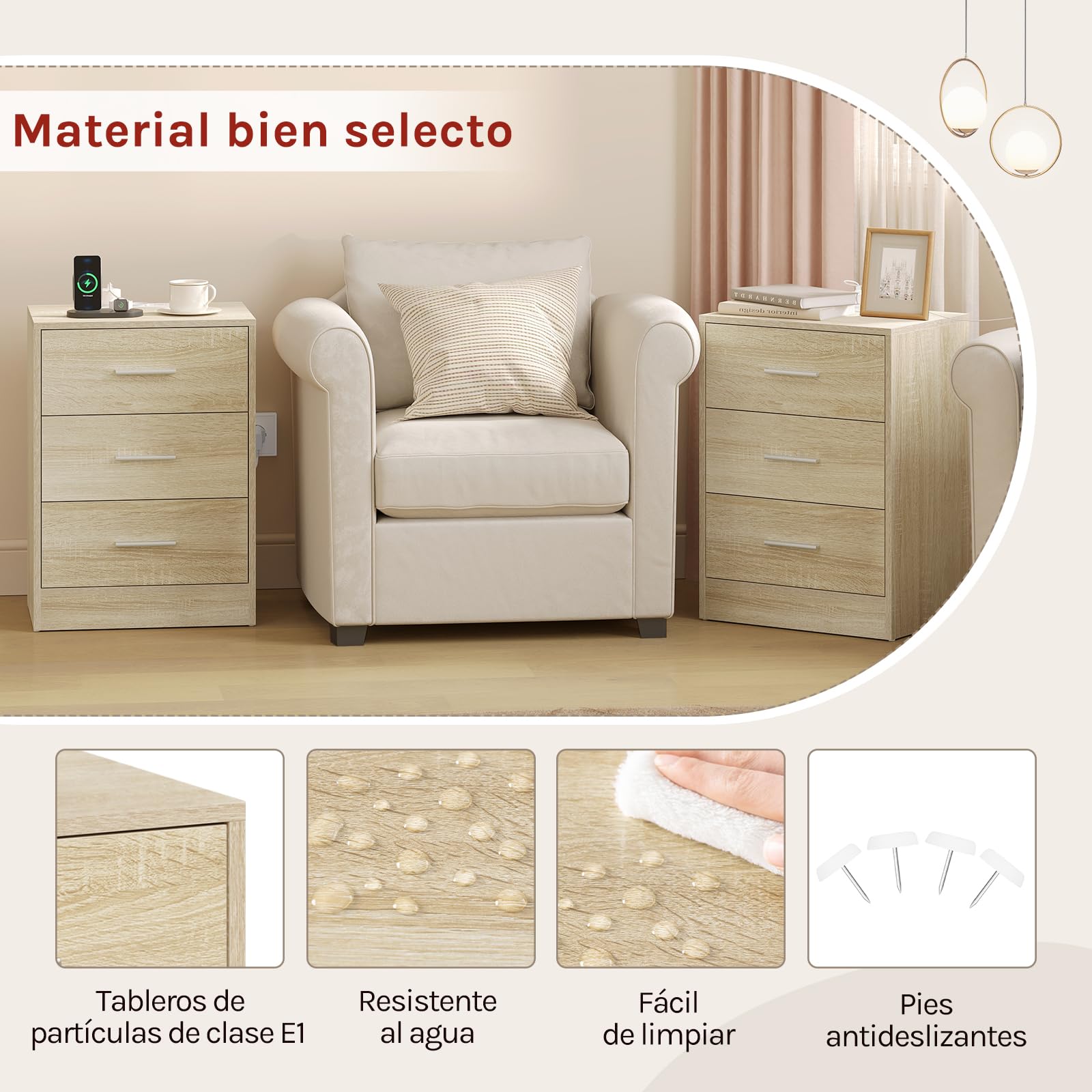 WOLTU Mesitas de Noche, Mesas de Centro con Enchufes, Mesitas de 3 Cajones, Mesillas de Noche para Dormitorio, Salón y Estudio, Roble Claro, MDF, 39x28,5x54,5 cm