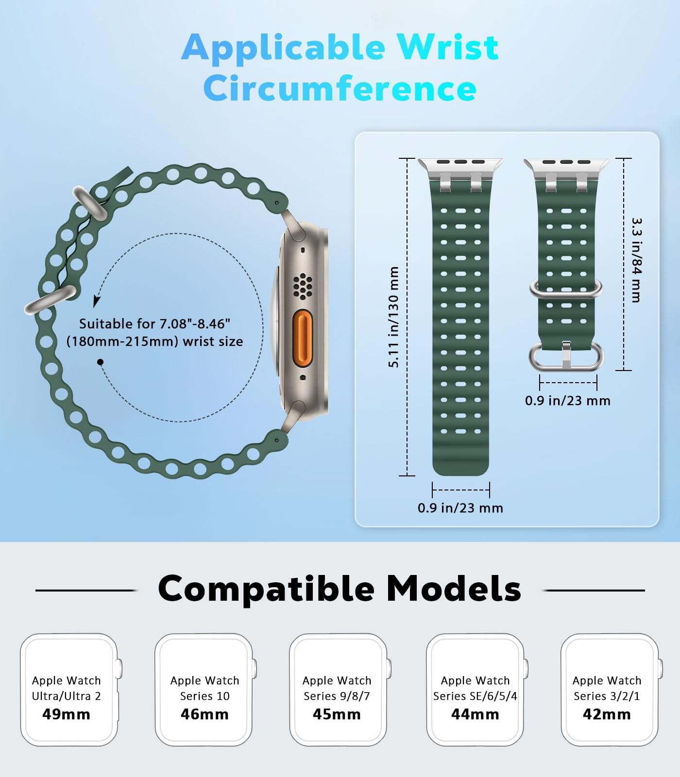 Astorgos Cinturino Ocean compatibile con Apple Watch Ultra 2/Ultra 49mm, S10 46mm, 9/8/7 45mm, SE/6/5/4 44mm, 3/2/1 42mm, Cinturini Sportivo con Connettore in Metallo per Uomo e Donna